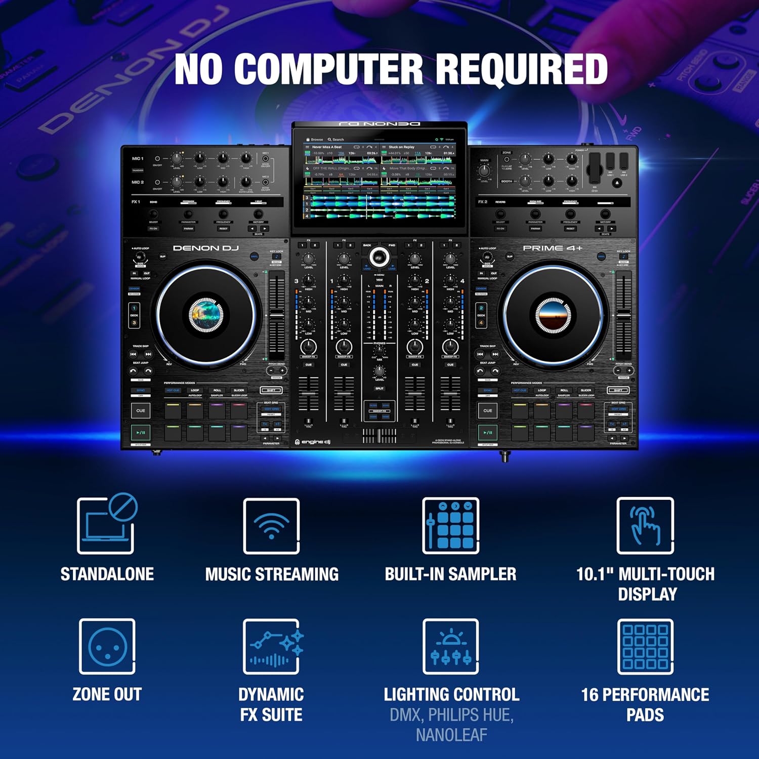 Denon DJ PRIME 4+ Standalone DJ Controller with Stem Separation on 4 Decks, Wi-Fi Streaming, Drop Sampler Mixer, 10.1" Touchscreen, Light Control