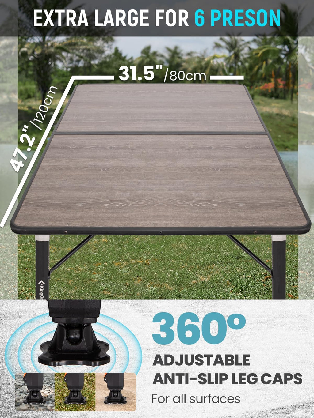 KingCamp Bamboo Folding Table, 4-Fold Camping Adjustable Height Portable Outdoor Lightweight & Compact Table with Aluminum Frame for RV Picnic BBQ Tailgating