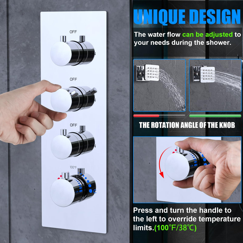 HOMEDEC 2 Way Shower Diverter Valve Brass Dual Functions Thermostatic Shower Mixing Valve Kit 3 Handle Flow Control Valve, 3/4 Inch Inlet, Can Use All Options At a Time, Matte Black