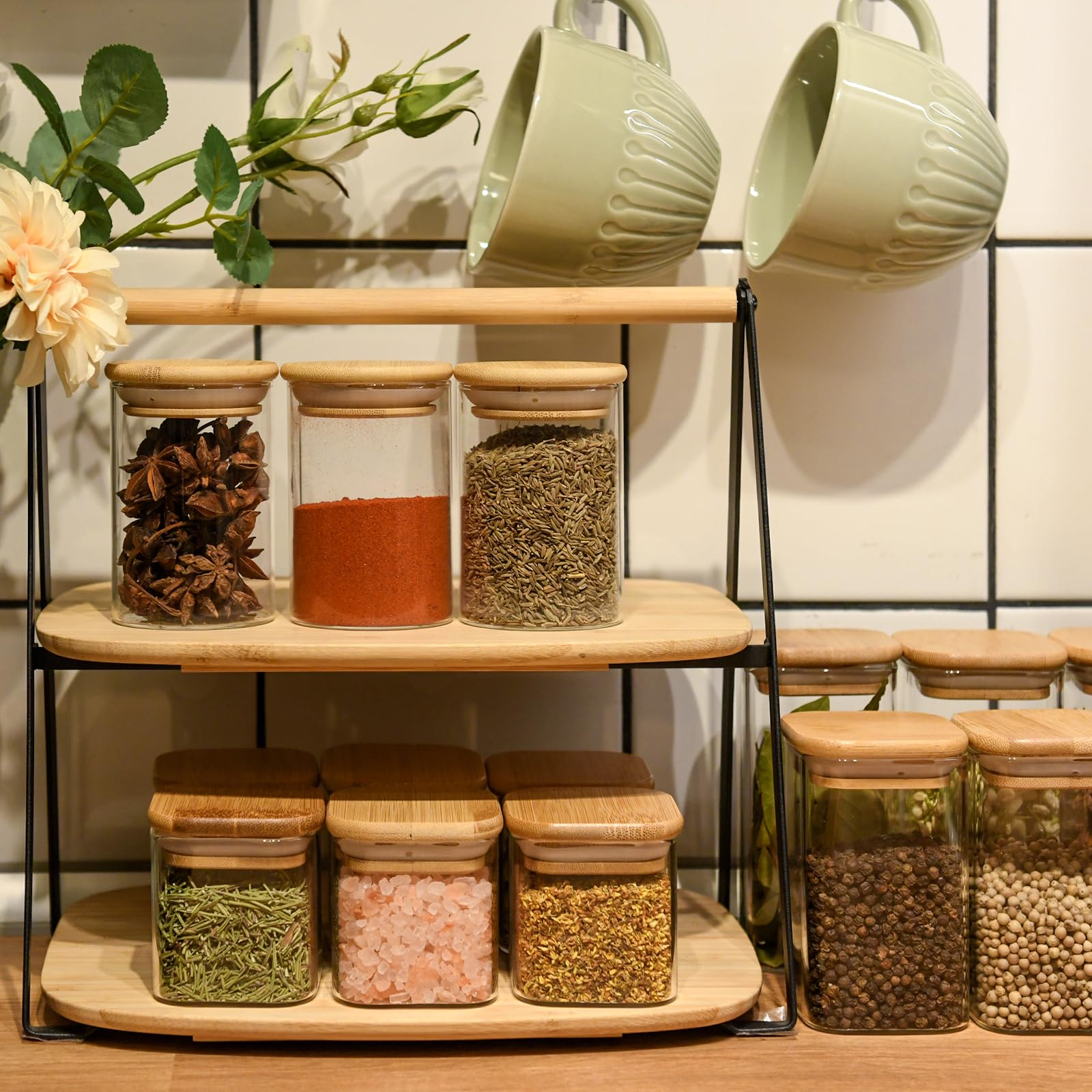 SHOWIN 73oz Glass Pasta Storage Jars, Tall Glass Jars with Bamboo Lids, Spaghetti Container, Set of 3, Kitchen Storage Containers for Pasta, Pantry Organizers
