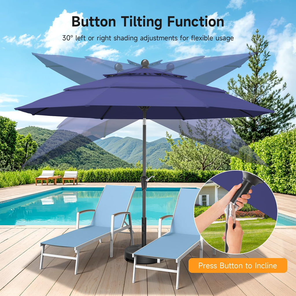 ONBRILL 10 FT Patio Umbrella, 3 Tier Outdoor Table Umbrella with 8 Sturdy Glass Fiber Ribs and Push Button Tilt, Outdoor Patio Umbrellas for Market Pool Garden Backyard, 1.5" Pole, Blue (No Base)