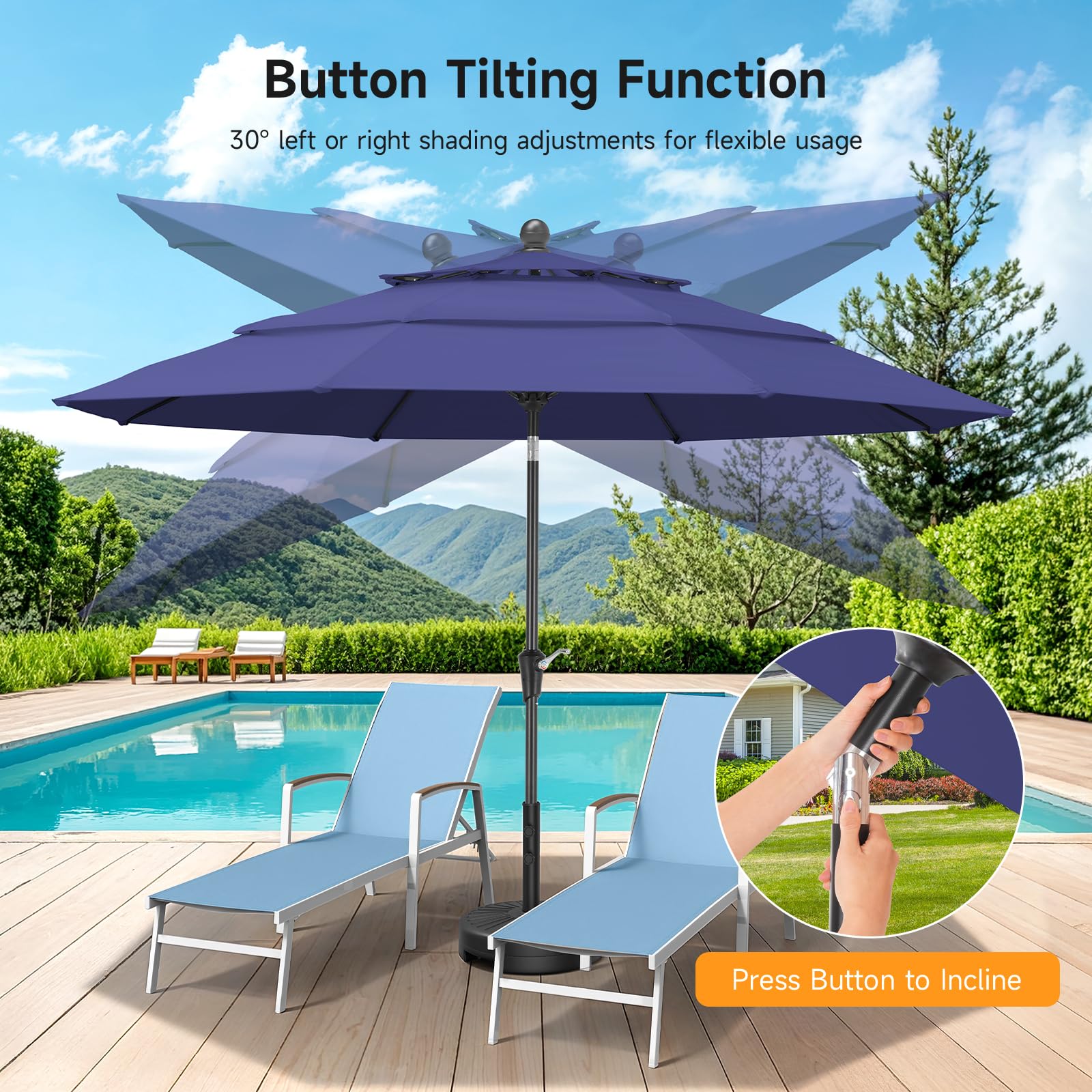 ONBRILL 10 FT Patio Umbrella, 3 Tier Outdoor Table Umbrella with 8 Sturdy Glass Fiber Ribs and Push Button Tilt, Outdoor Patio Umbrellas for Market Pool Garden Backyard, 1.5" Pole, Blue (No Base)