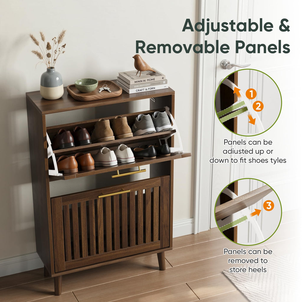 Smart FENDEE Shoe Cabinet with 2 Flip Slatted Drawers, Farmhouse Slim Shoe Organizer Rack with Golden Handles, Freestanding Hidden Entryway Storage for Hallway, Natural