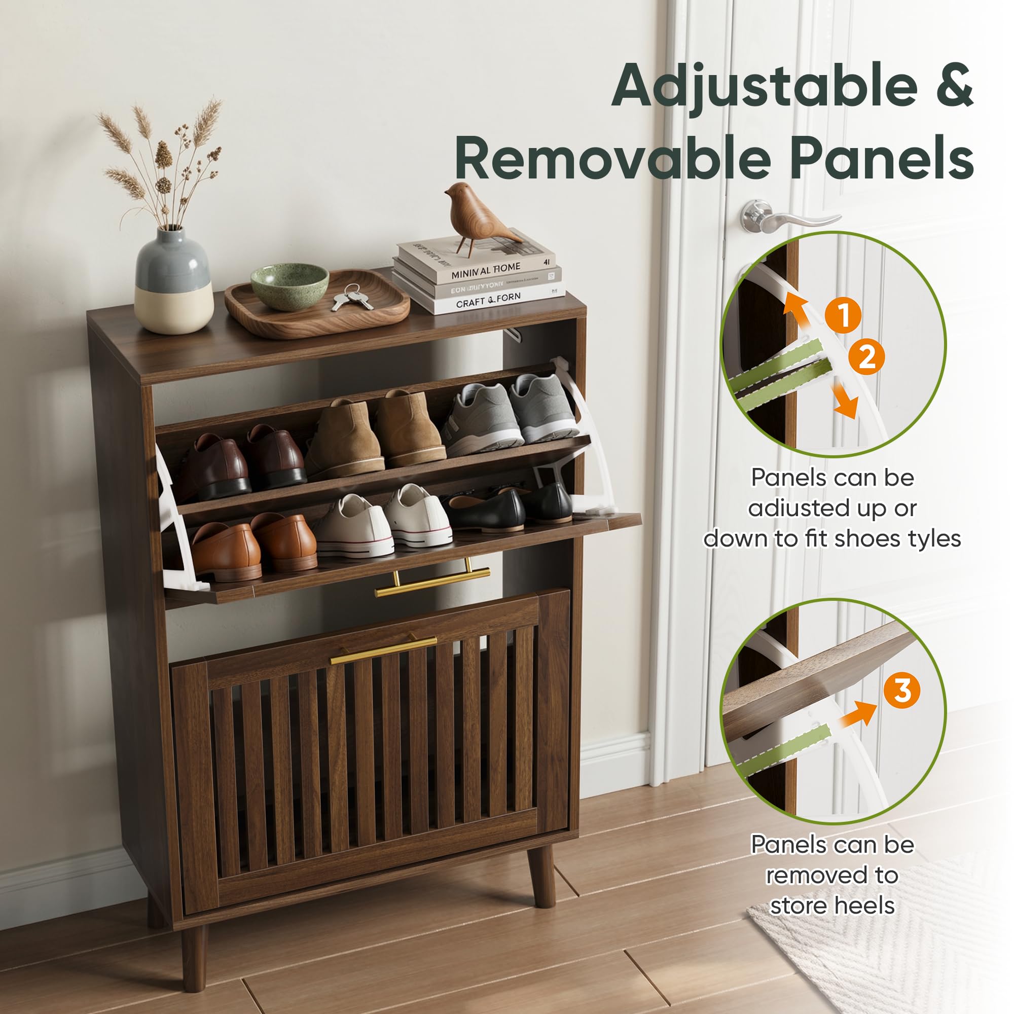 Smart FENDEE Shoe Cabinet with 2 Flip Slatted Drawers, Farmhouse Slim Shoe Organizer Rack with Golden Handles, Freestanding Hidden Entryway Storage for Hallway, Natural