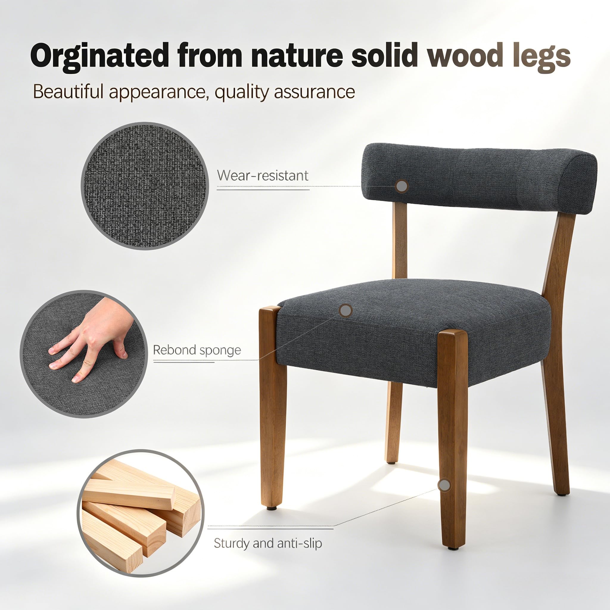 RNKSFX Upholstered Dining Chairs Set of 2, Walnut Wooden Kitchen & Dining Room Chairs, Mid Century Modern Fabric Farmhouse Dining Chairs Oversized Sturdy Rounded Chairs Curved Back, Beige Fabric