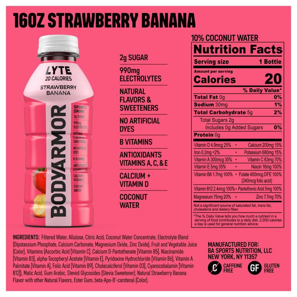 BODYARMOR Lyte Sports Drink Low-Calorie Beverage, Blueberry Pomegranate, Coconut Water Hydration, Natural Flavors with Vitamins, Potassium-Packed Electrolytes, 16 Fl Oz (Pack of 12)