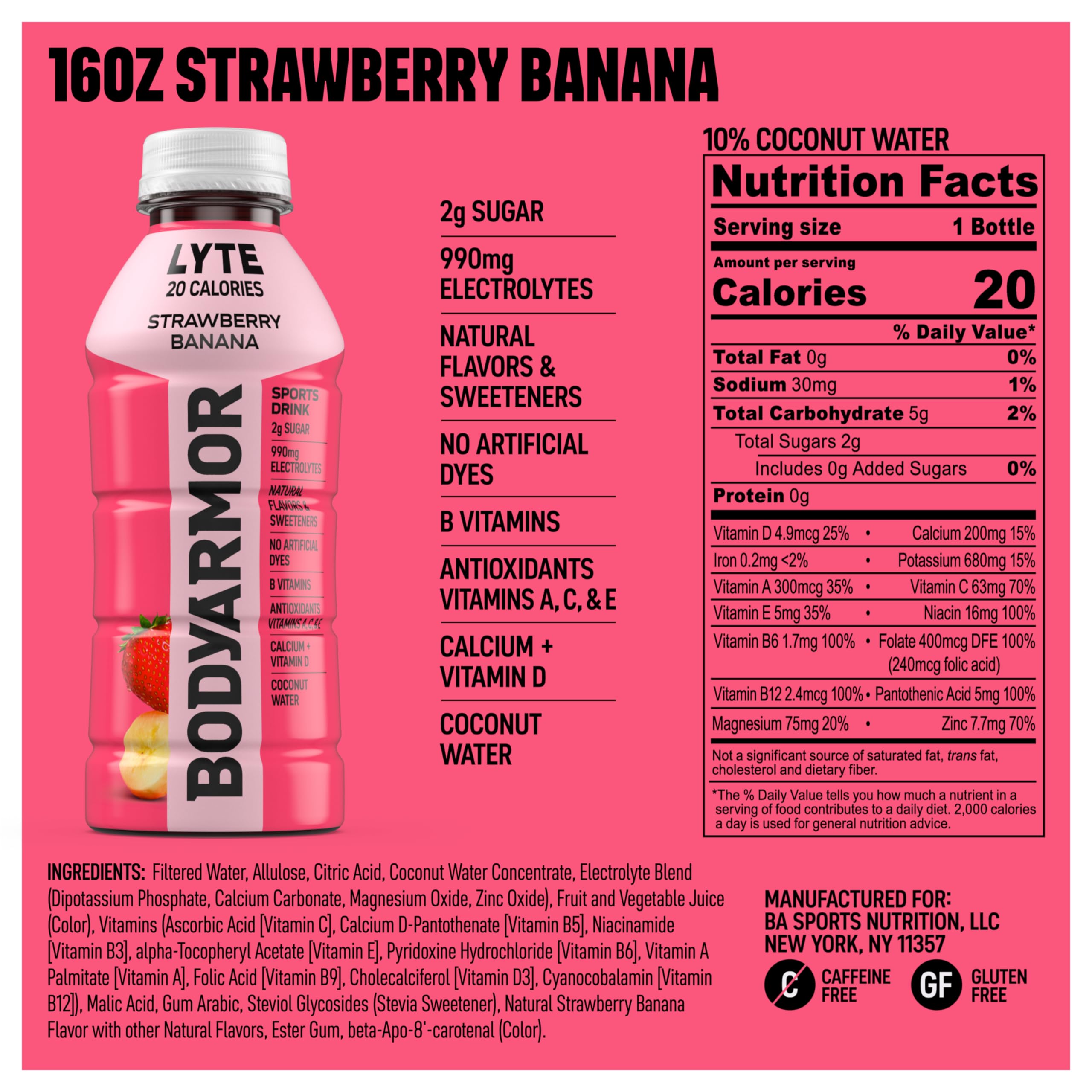 BODYARMOR Lyte Sports Drink Low-Calorie Beverage, Blueberry Pomegranate, Coconut Water Hydration, Natural Flavors with Vitamins, Potassium-Packed Electrolytes, 16 Fl Oz (Pack of 12)