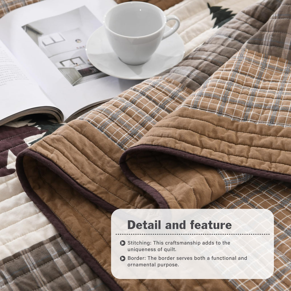 Y-PLWOMEN 100% Cotton Farmhouse Plaid Lightweight 3-Pieces Quilt Set (Blue Brown, Queen90 * 98 Inch)