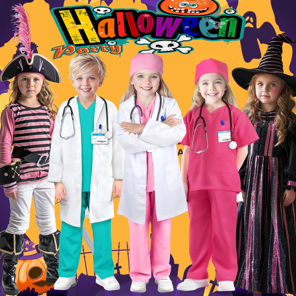 YADIYA Doctor Costume for Kids Scrubs Real Stethoscope Lab Coat Halloween Costumes Career Day Costume For Kids Girls 3-12