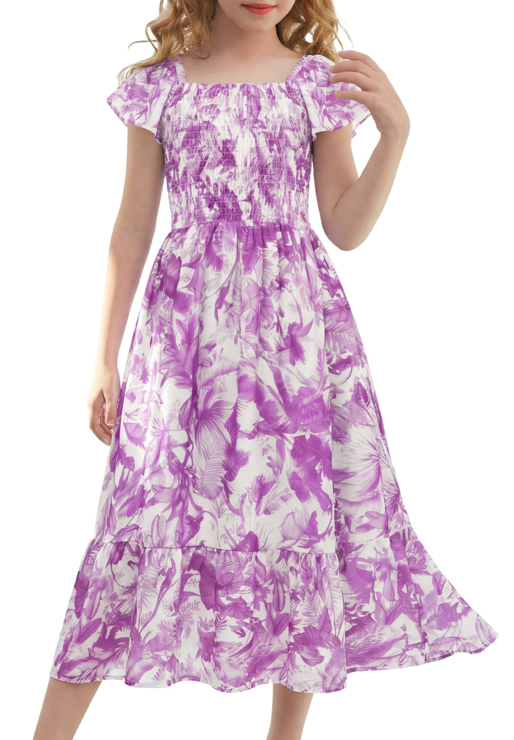GRACE KARIN Girls Flutter Sleeve Floral Dresses Girl Long Midi Spring Dress Kids Smocked Flare Summer Dress 6-16Y