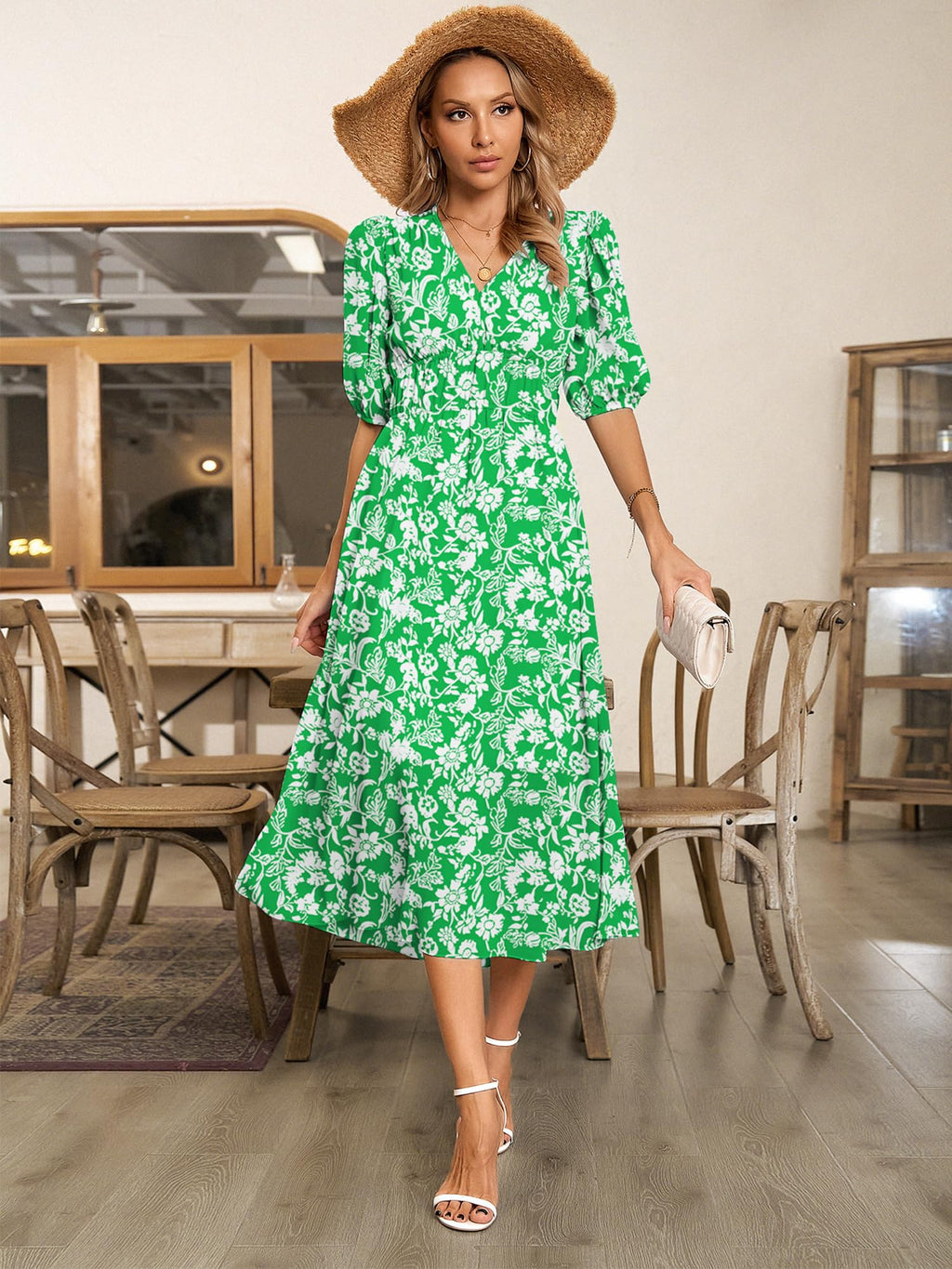 UEAL Womens Floral Flowy Wrap V Neck Midi Dress Short Sleeve Elastic Waist Casual Spring Summer Dresses for Women 2025