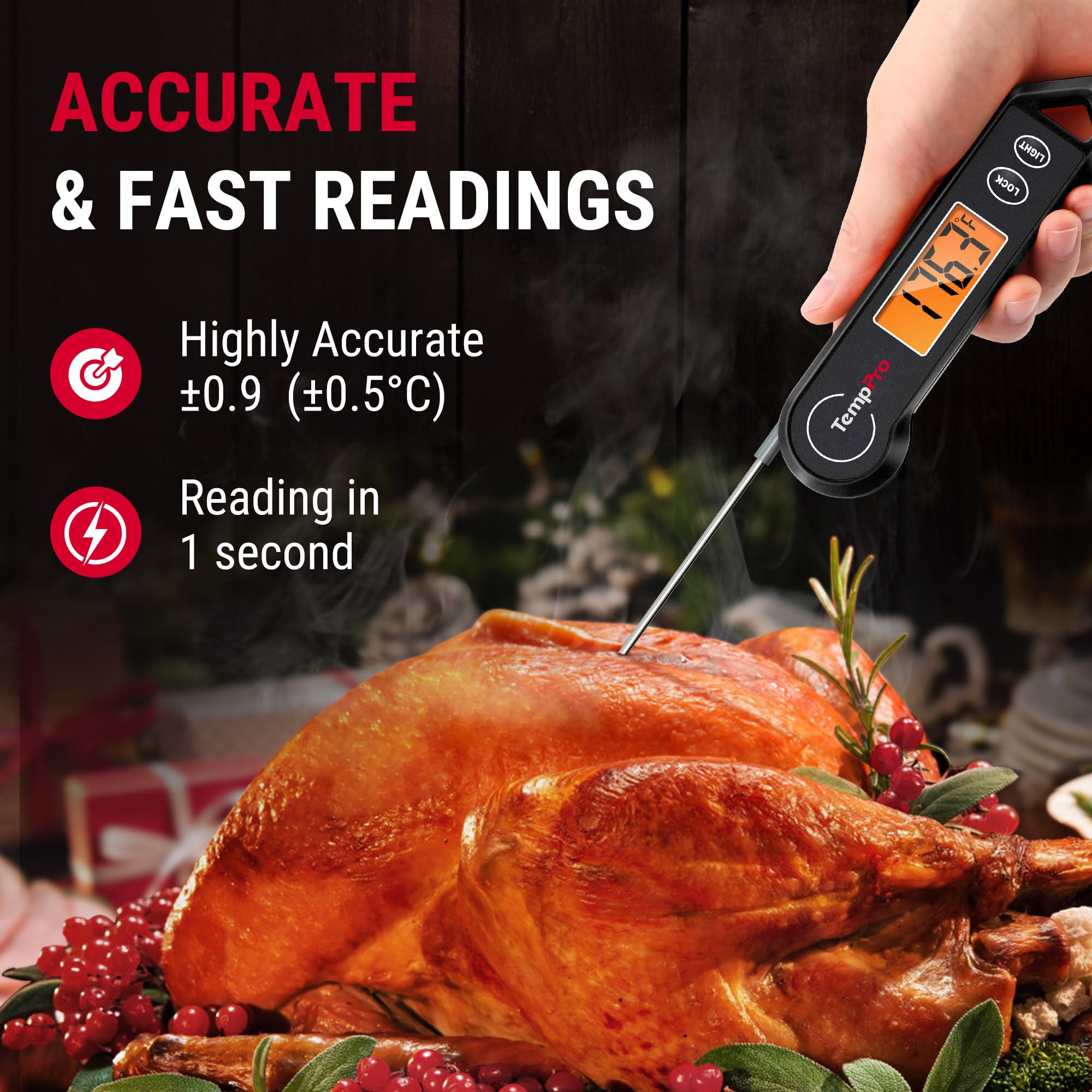 TempPro TP19H Digital Meat Thermometer for Cooking, 1 Sec Instant Read Food Thermometer with Motion-Sensing Wake for BBQ Grill Oil Fry Candy for Fathers Day Gift for Dad Men (Previously ThermoPro)
