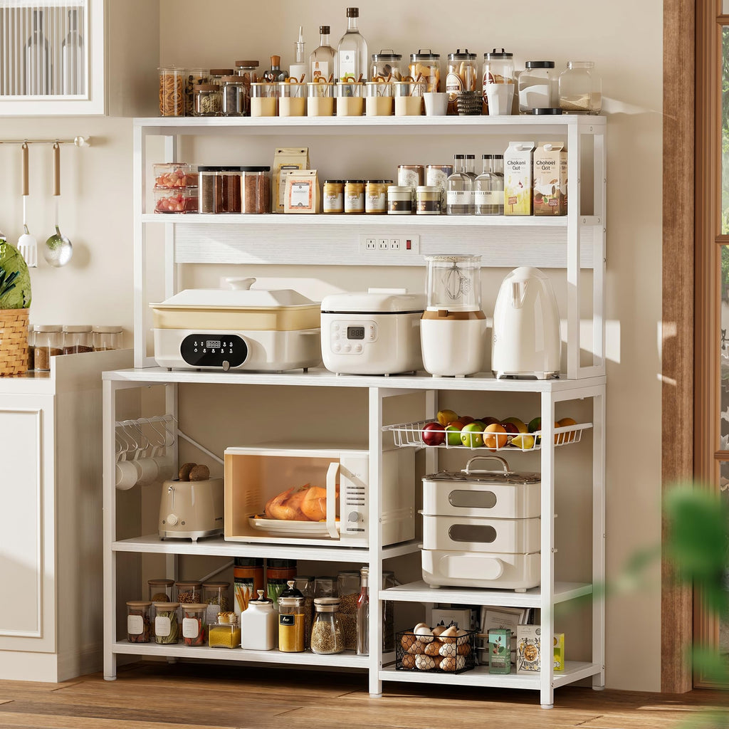 SUPERJARE Bakers Rack with Power Outlet, 35.4 Inches Coffee Bar with Wire Basket, Kitchen Microwave Stand with 6 S-Shaped Hooks, Open Storage Shelves, Black
