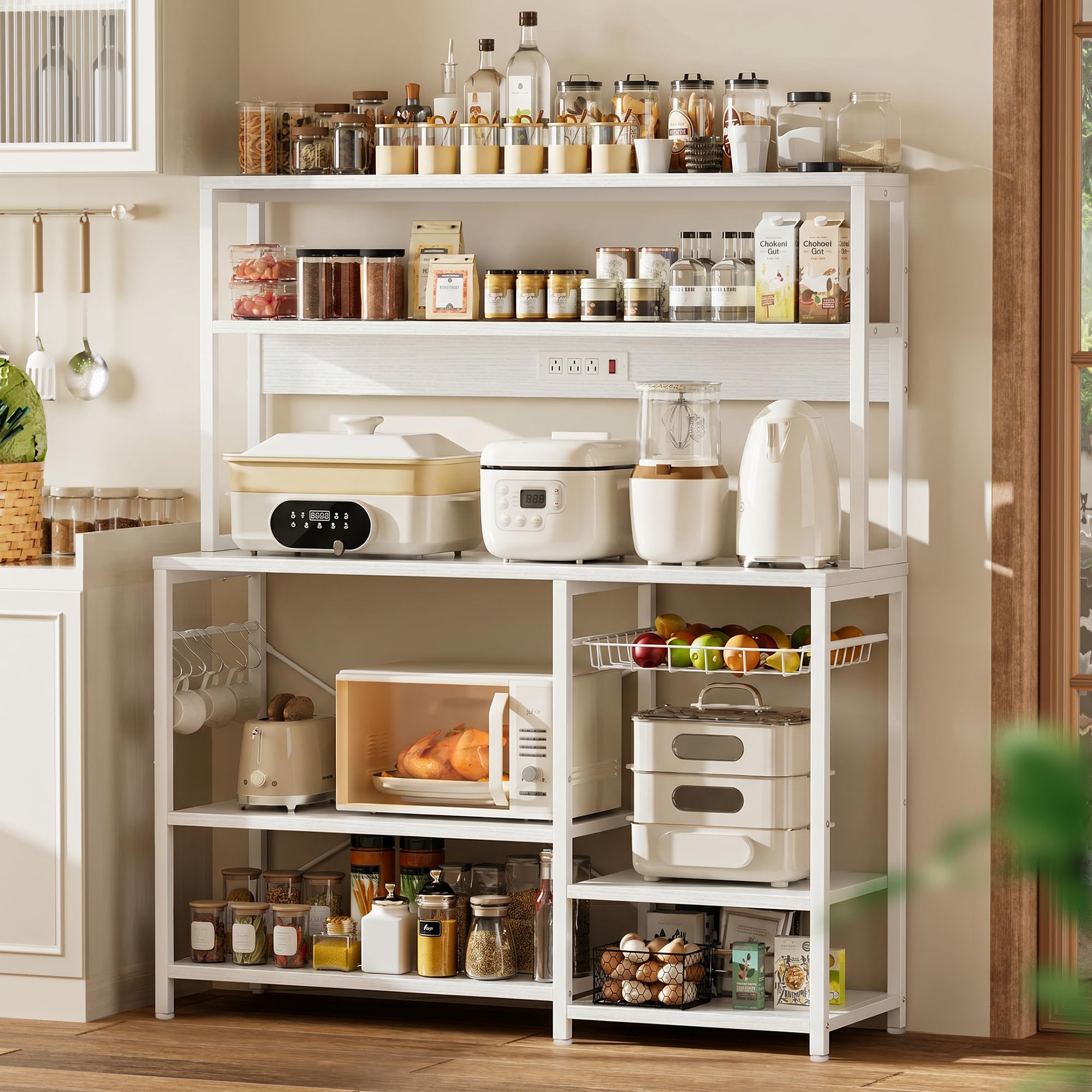 SUPERJARE Bakers Rack with Power Outlet, 35.4 Inches Coffee Bar with Wire Basket, Kitchen Microwave Stand with 6 S-Shaped Hooks, Open Storage Shelves, Black