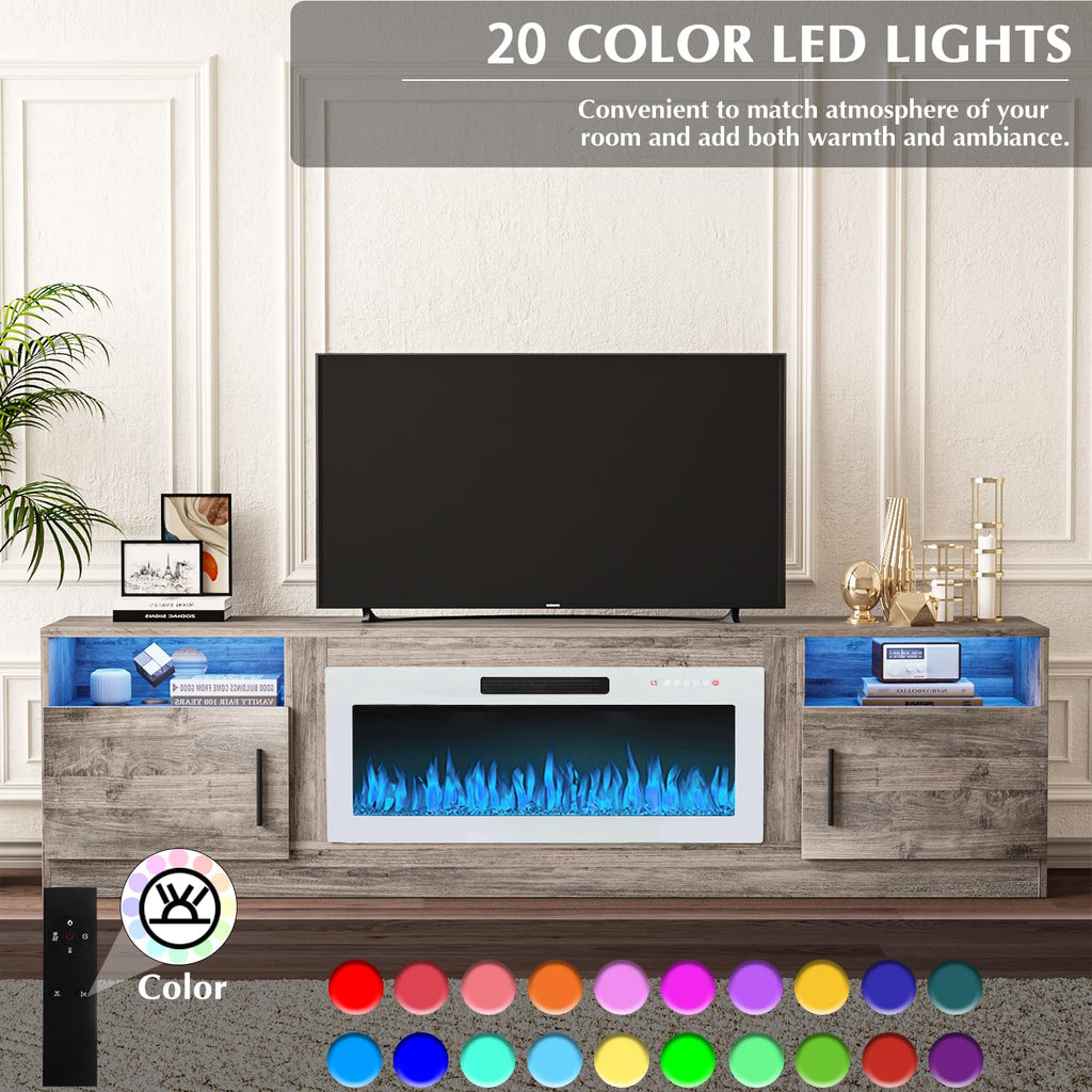 VITESSE 58 Inches Fireplace TV Stand for TVs up to 65 Inches Console with 18'' Electric Fireplace & Remote,Wooden Modern Entertainment Center for Living Room with LED Light Glass Shelves（Bei）