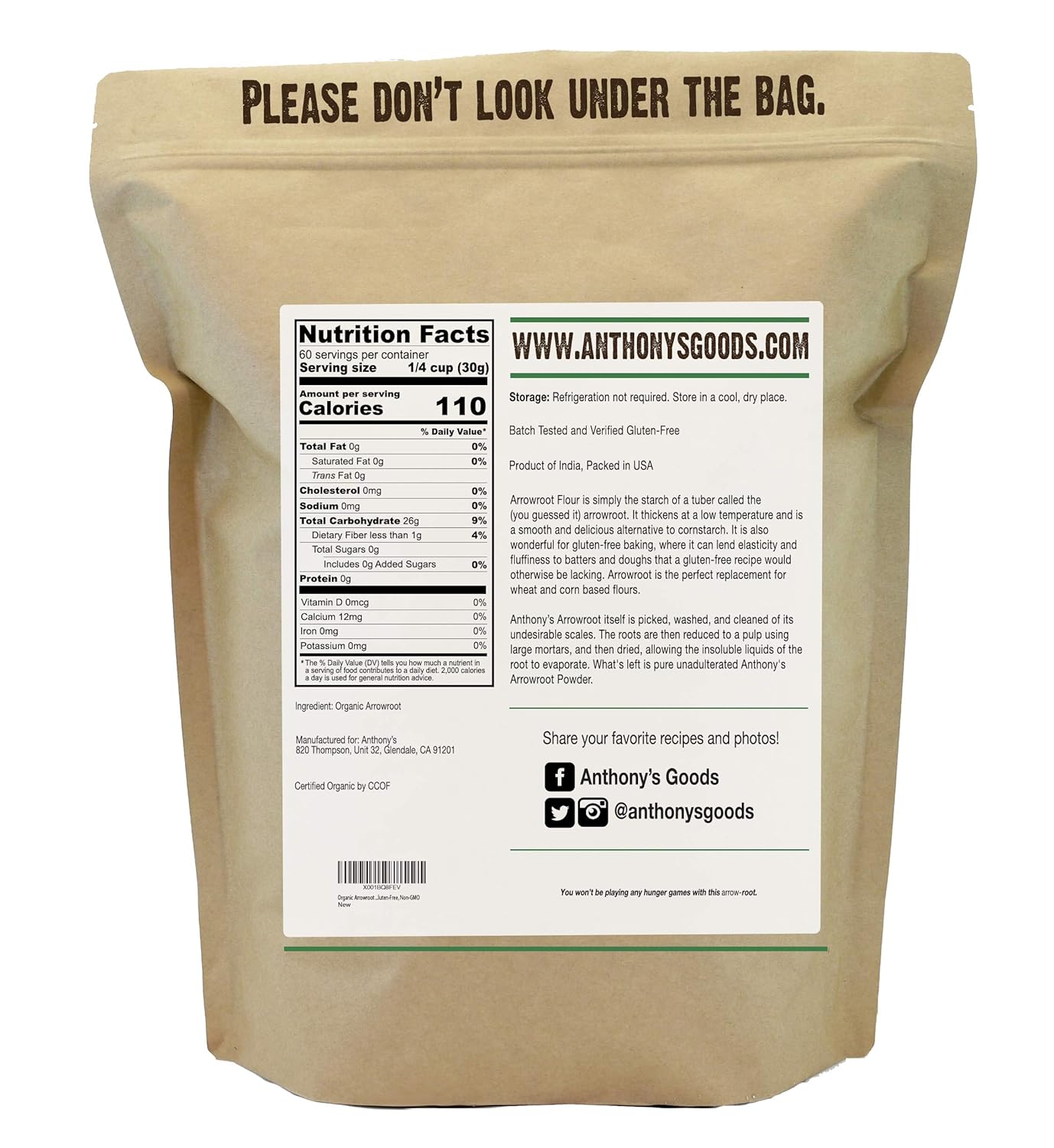 Anthony's Organic Arrowroot Flour, 4 lb, Batch Tested Gluten Free, Non GMO, Vegan