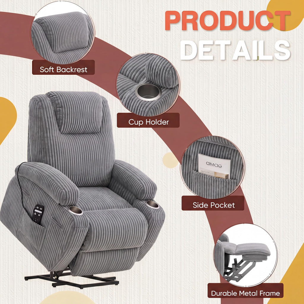 Furmax Electric Power Lift Recliner Chair with Massage for Elderly Corduroy Fabric Recliner Single Sofa with Cup Holders, Side Pockets and Remote Control for Living Room Bedroom (Leathaire, Brown)