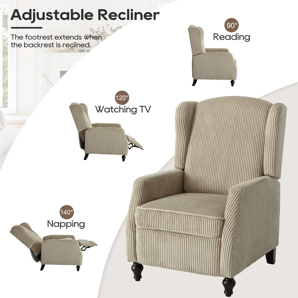 Wingback Chair with Massage and Heat, Tufted Fabric Pushback Recliner Chair, Wingback Recliner Chair with Remote Control, Padded Cushion, Wooden Legs, Small Recliners for Small Spaces