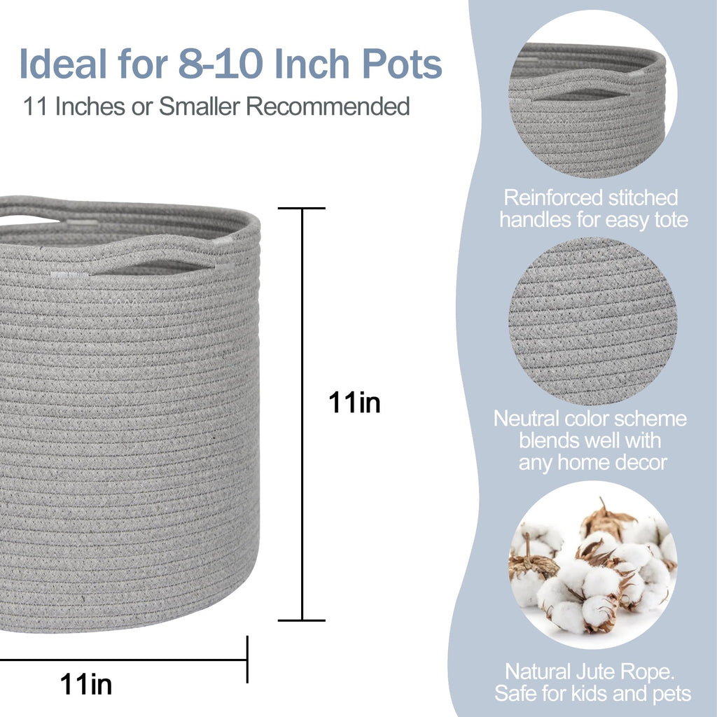 MEGASKET Cotton Rope Plant Basket, Woven Basket Planter for 10 inch Pot, Round Indoor Tree Pot Cover, Small Storage Bin Organizer, Modern Bins for Plants and Home Decor, 11”X11”, Black