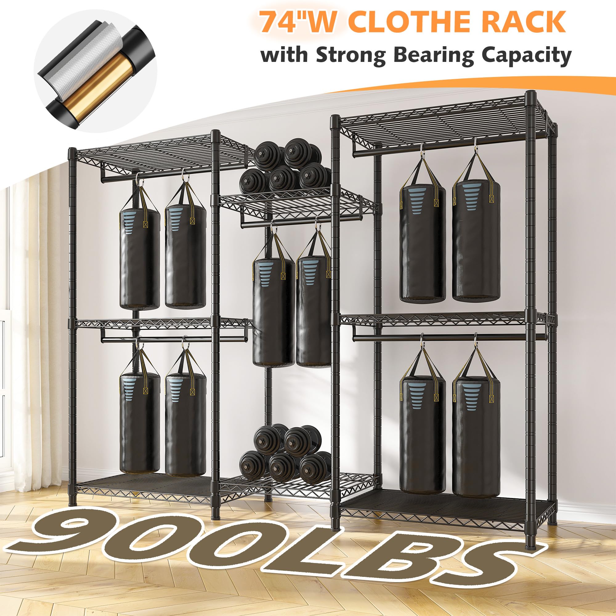 Raybee Clothes Rack,Clothing Racks for Hanging Clothes 900LBS Capacity Heavy Duty Portable Closet with 5 Hanger Rods & 8 Shelves for Walk-in Closet,Apartment