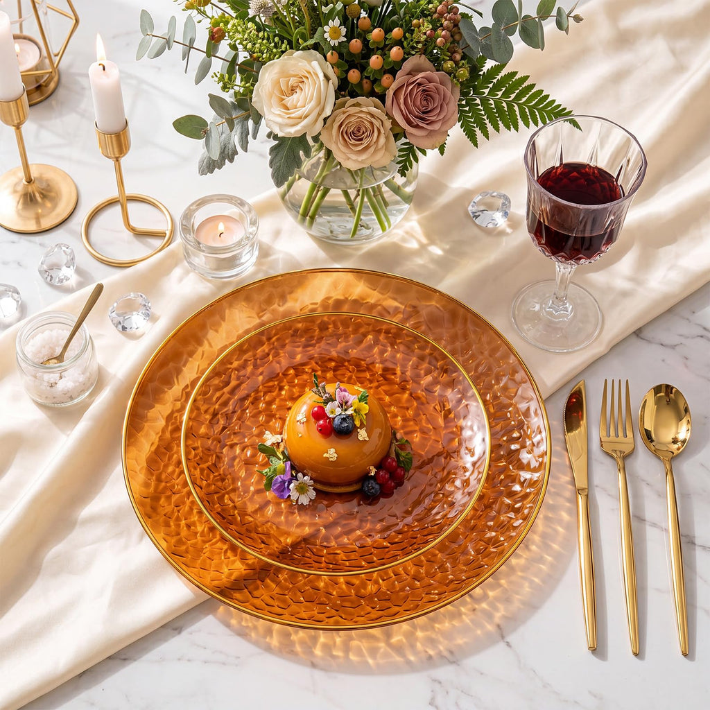 Rubtlamp 100Pcs Amber Gold Plastic Plates, Disposable Plates With Gold Rim, Heavy-duty Party Platos, Hammered Plastic Plates Include 50 Clear Dessert Plates, 50 Dinner Plates for Party