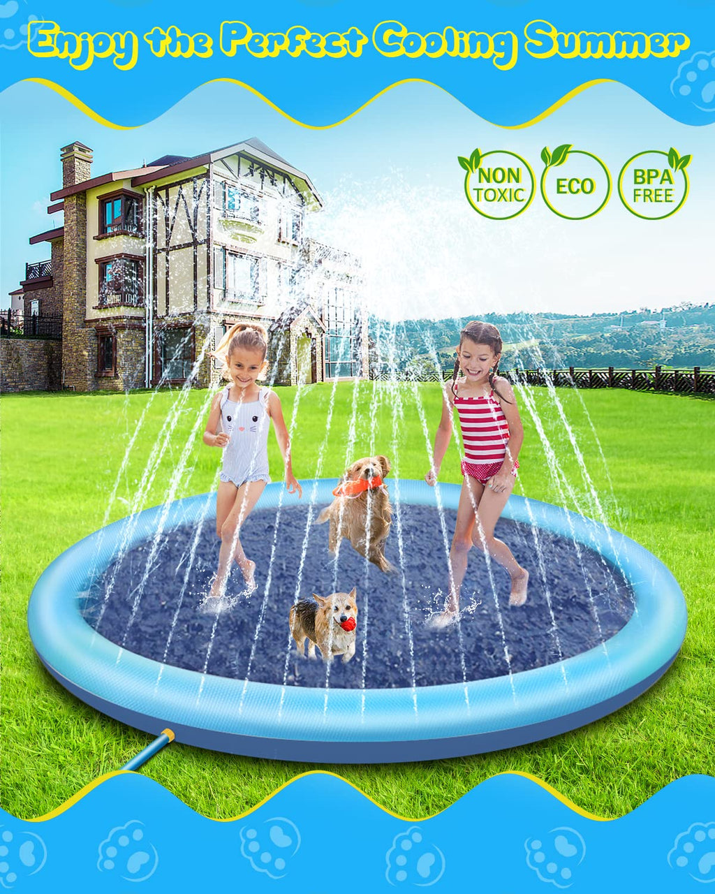 Raxurt Splash Pad, Non-Slip Thicken Splash Pad for Kids Ages 4-8 Toddler Baby Splash Sprinkler Pad Dog Pool Summer Outdoor Water Toys for Boys Girls, 59'' Blue