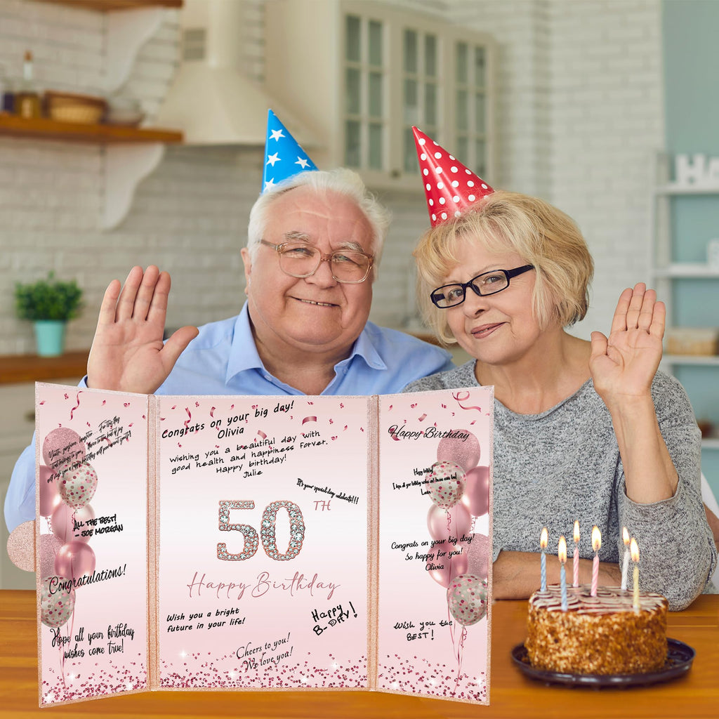 DARUNAXY Rose Gold 50th Birthday Party Decorations for Women, Happy 50th Birthday Alternative Signature Guest Book Black Pink 50 Birthday Signing Card Board Party Supplies Cheers to 50 Years Old Gift