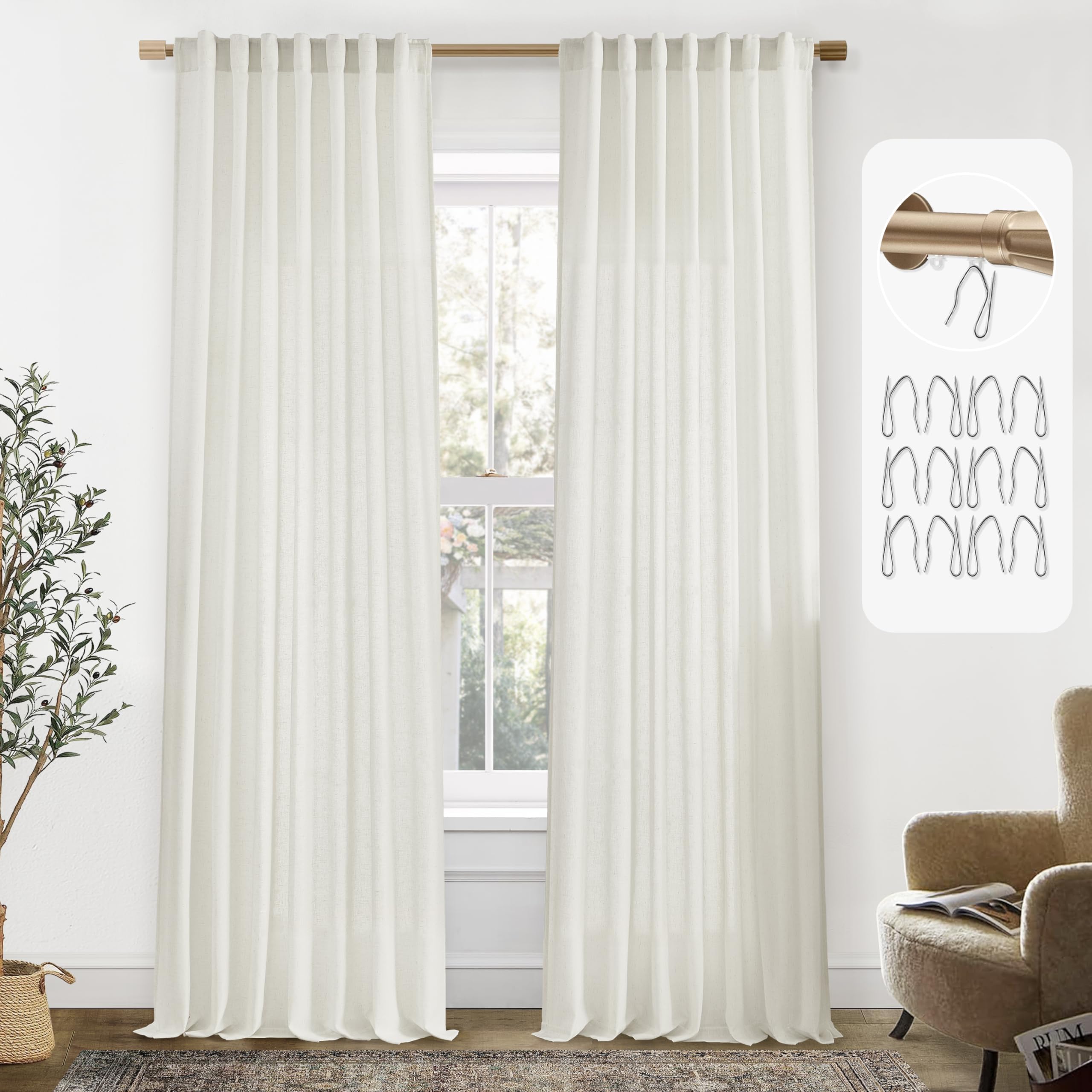 Black Linen Cotton Blend Sheer Curtains, Moody Light Filtering Drapes for Dark Academia Inspired Study Bedroom Living Room, 84 Inch Long 2 Panels Set
