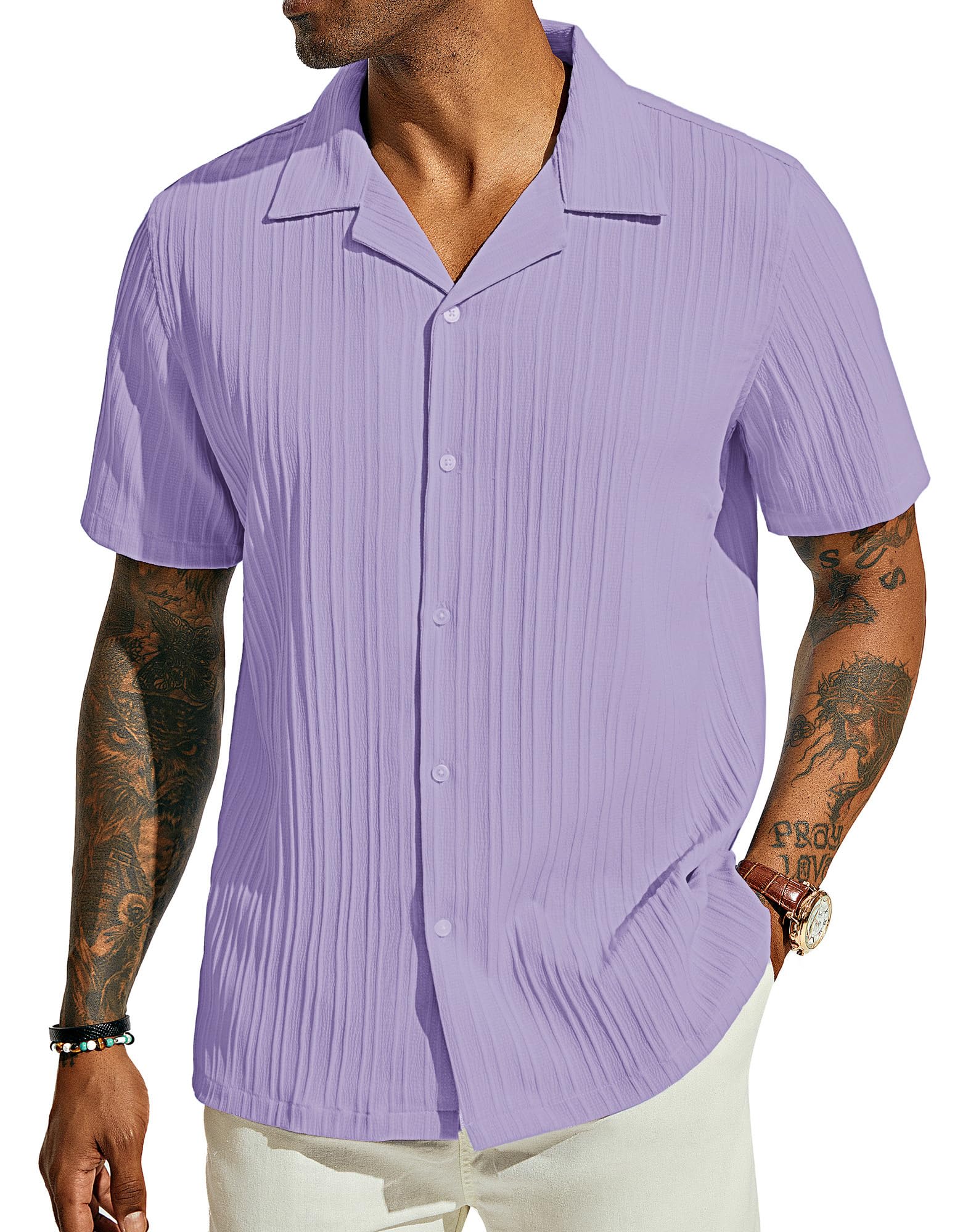 PJ PAUL JONES Men's Casual Button Down Shirts - Short Sleeve Summer Textured Beach Wrinkle-Free Shirts