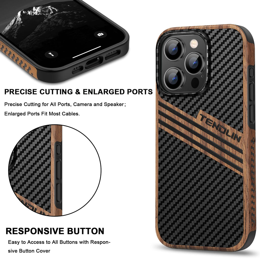 TENDLIN Compatible with iPhone 15 Case Wood Grain with Carbon Fiber Texture Design Leather Hybrid Slim Case (Black)
