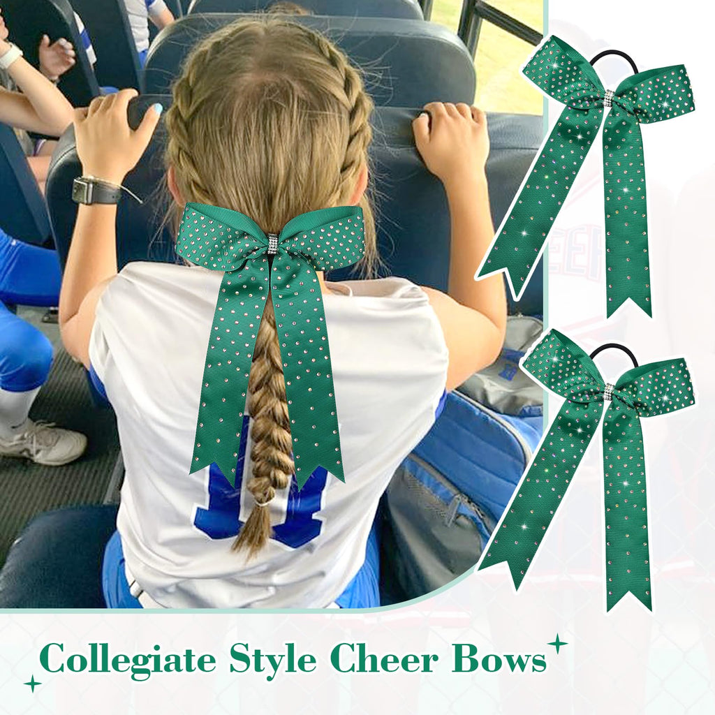 DEEKA 12 Count Collegiate Style Cheer Bows, Forest Green with Rhinestones, Handmade Bows for Girls Teens Cheerleader Sports
