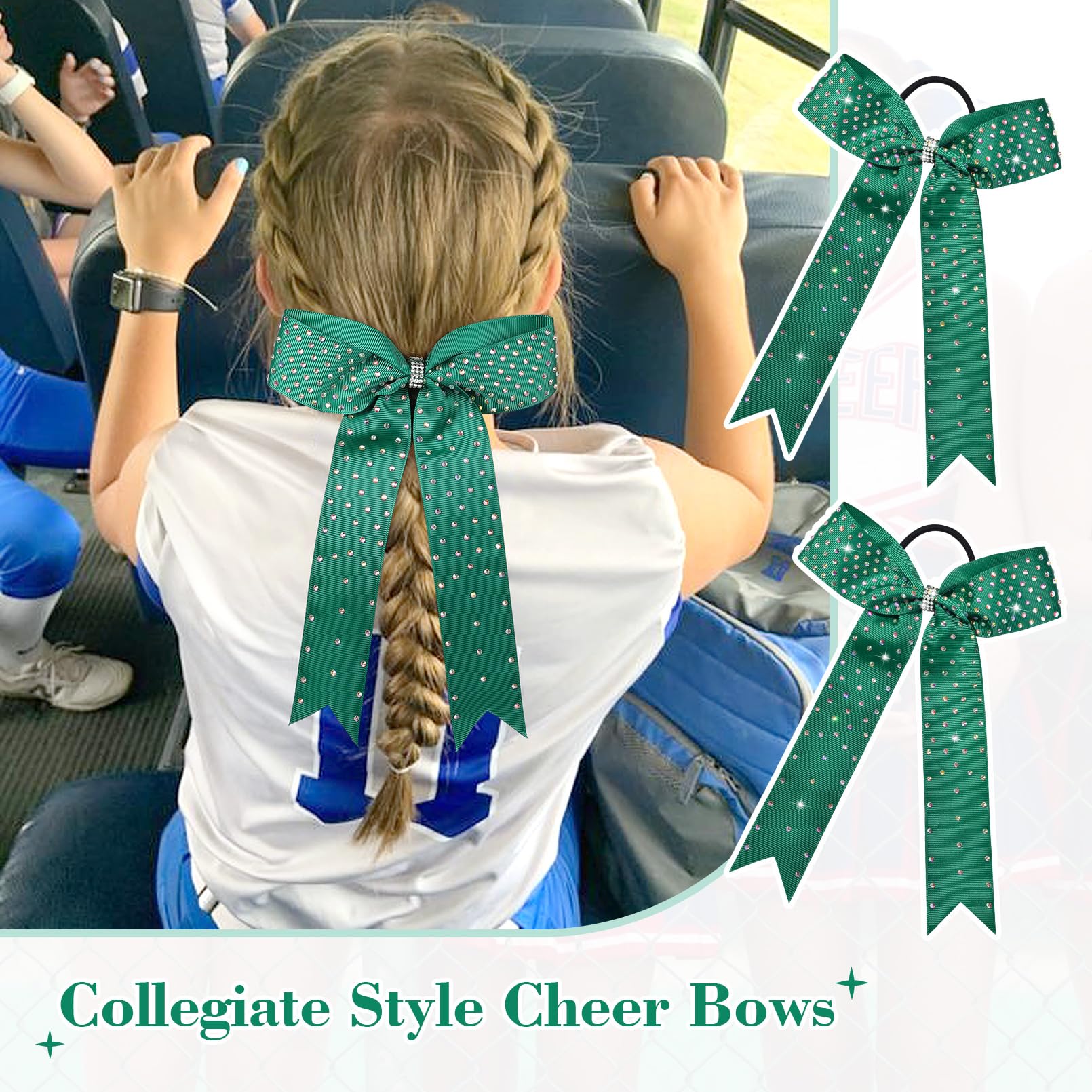 DEEKA 12 Count Collegiate Style Cheer Bows, Forest Green with Rhinestones, Handmade Bows for Girls Teens Cheerleader Sports