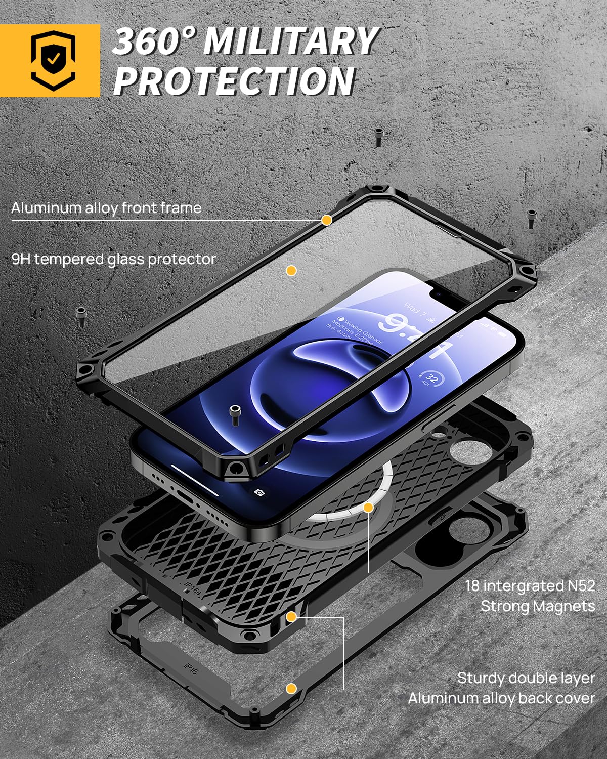 Lanhiem for iPhone 16 Metal Case with Camera Cover & Stand [Compatible with MagSafe] [Built-in Kickstand] [Military-Grade Protection] Heavy Duty Rugged Magnetic Phone Case, Black
