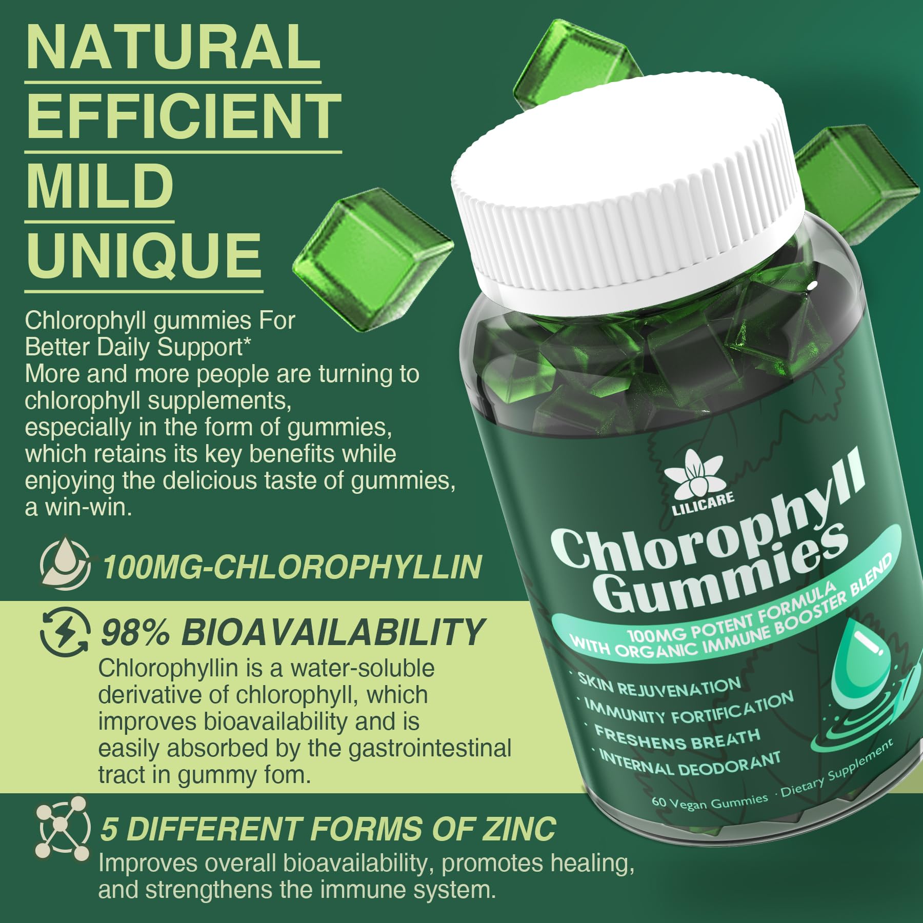 Chlorophyll Gummies - Super Green with Wheat Grass, Sea Moss, Unfiltered ACV & Elderberry, Echinacea, Zinc Complex & Vitamin D3, C, E, B12 for Natural Deodorant, Immune & Digestion Support, 60 Chews