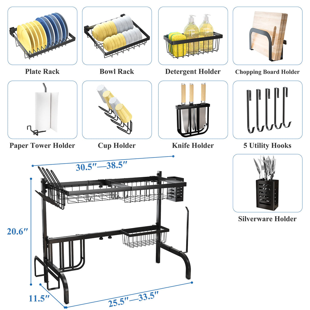 SAYZH Over the Sink Dish Drying Rack, Adjustable (25.5 to 33.5 inch) 2 Tier Metal Steel Dish Drying Racks for Kitchen Counter with Hooks Paper Towel Utensil Cup Holder Sink Caddy (Black)