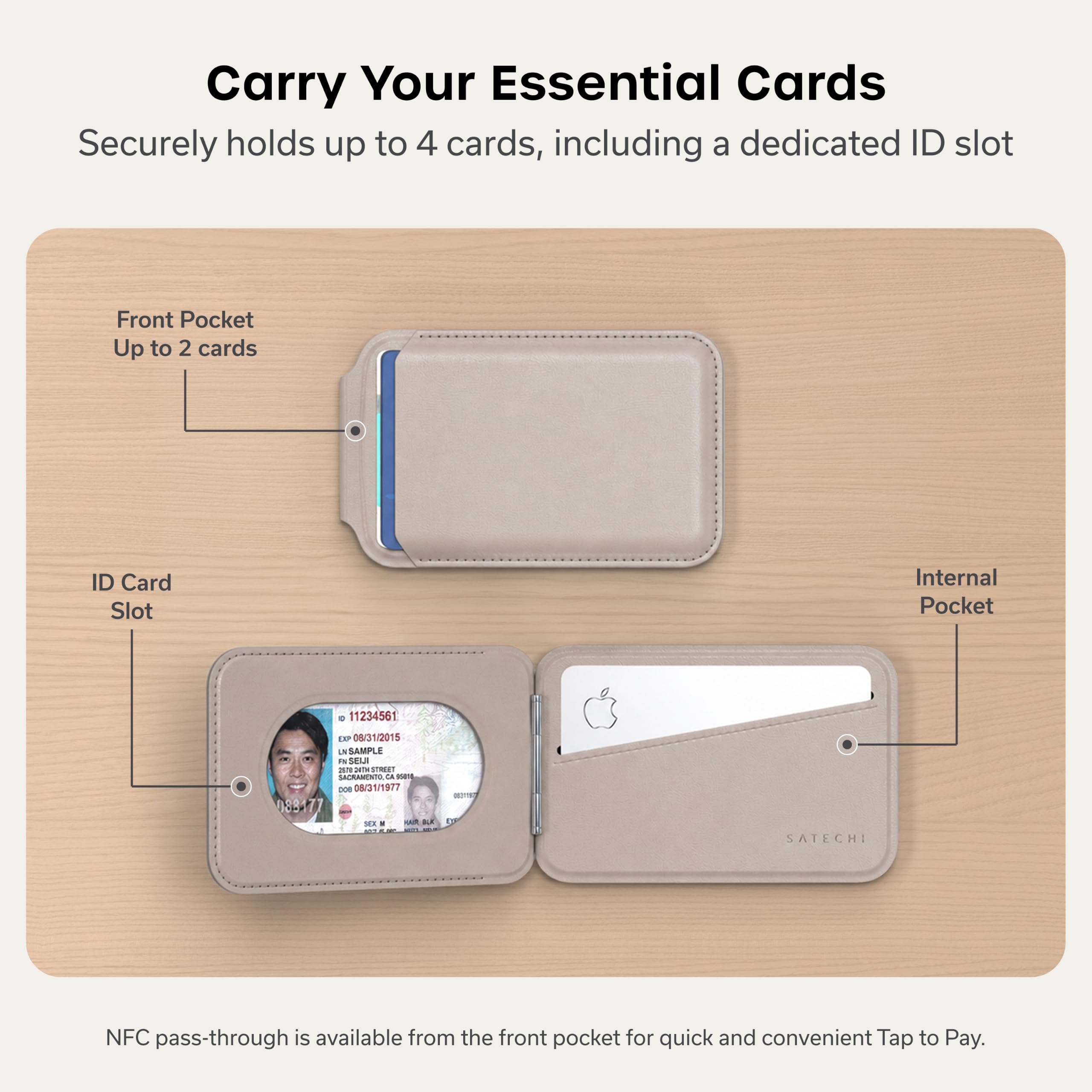 Satechi Magnetic Magsafe Wallet, Double Flap Stand Card Holder, 4 Slots with Front NFC Pass-Through, Adjustable Phone Attachment for iPhone 17/16/15/14/13/12, Travel Accessory