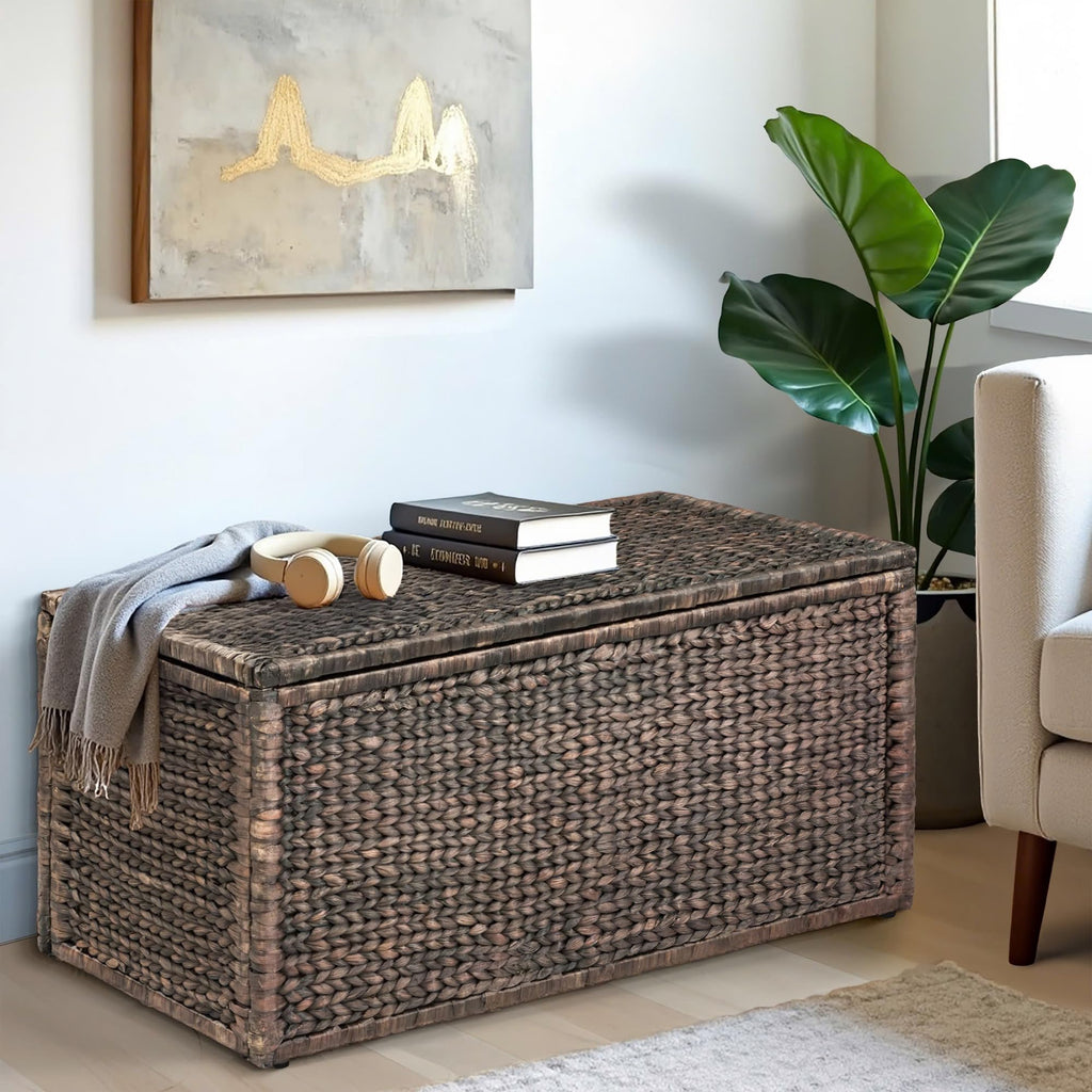 eHemco Heavy-duty Water Hyacinth Wicker Storage Trunk with Metal Frame, 30 by 17.5 by 17.5 Inches, Brown Wash