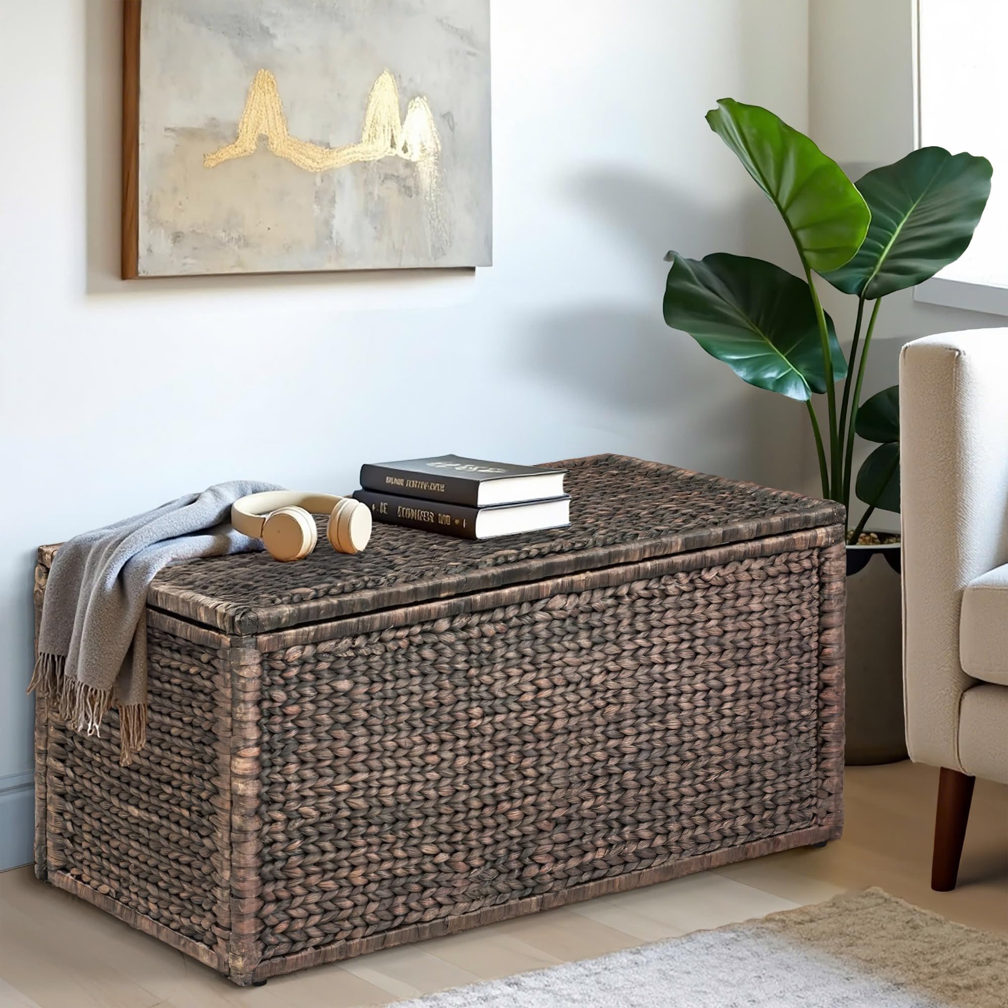 eHemco Heavy-duty Water Hyacinth Wicker Storage Trunk with Metal Frame, 30 by 17.5 by 17.5 Inches, Brown Wash