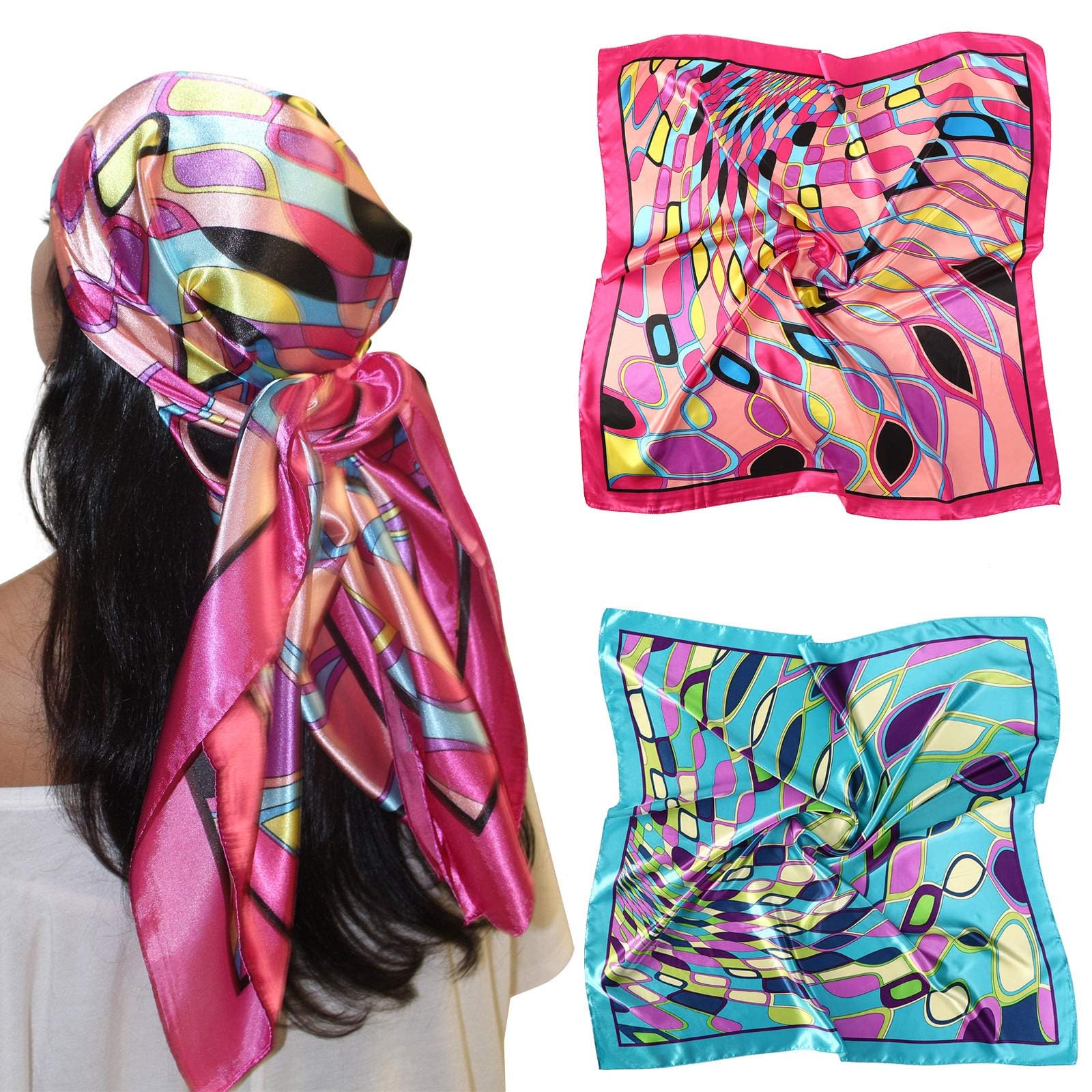 AWAYTR 35” Large Satin Square Head Scarf - 2Pcs Silk Like Floral Head Scarves Square Satin Hair Scarf Bandanas for Women