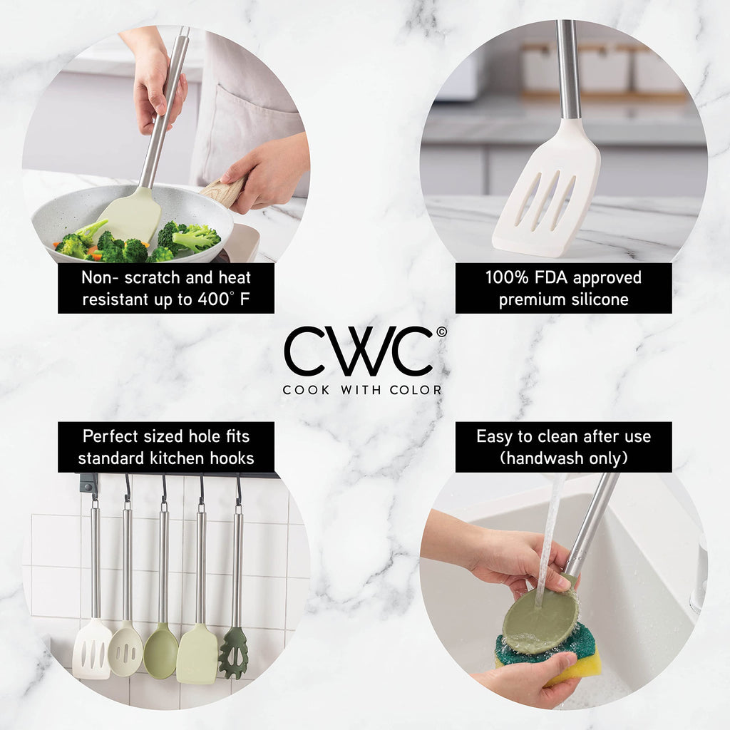COOK WITH COLOR Silicone Cooking Utensils, Kitchen Utensil Set, Easy to Clean Silicone Kitchen Utensils, Cooking Utensils for Nonstick Cookware, Kitchen Gadgets Set with Holder, 10 Pieces