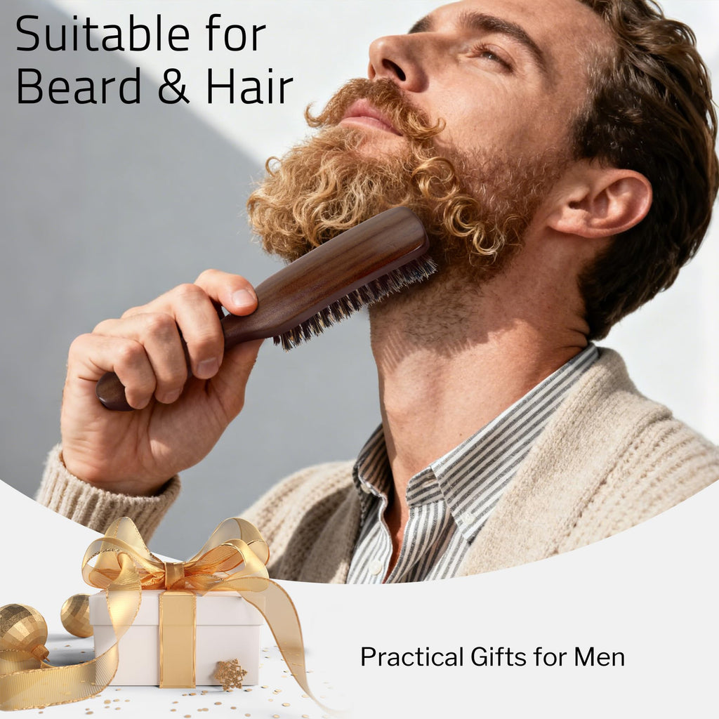 STYLEMATE Boar Bristle Hair Brush for Men, Slick Back Mens Hair Brush with Stiff Bristles for Thick & Fine Hair, Beard Brush with Natural Black Walnut Wooden Handle