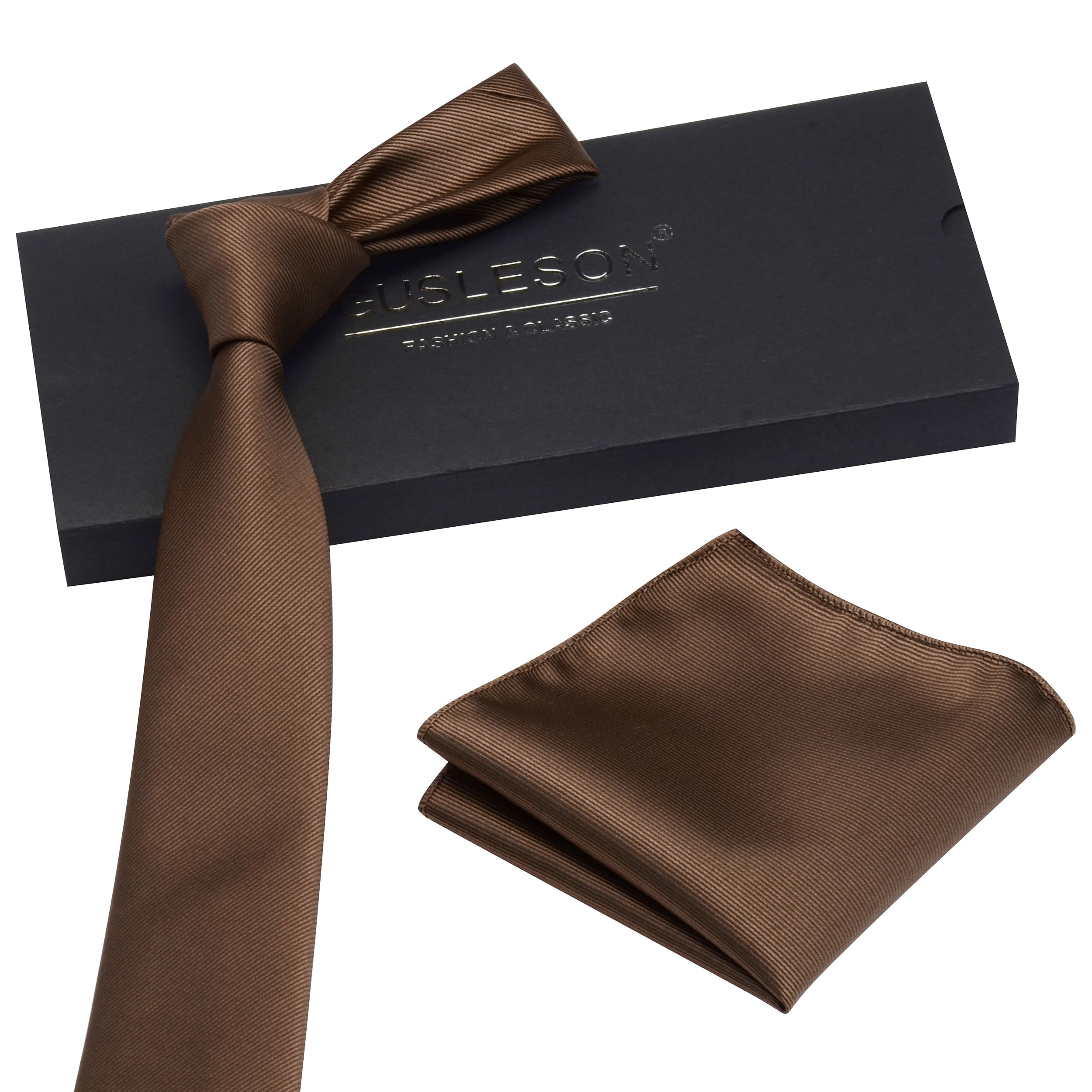 GUSLESON 2.4" Slim Necktie and Handkerchief Set For Men Solid Skinny Tie Set