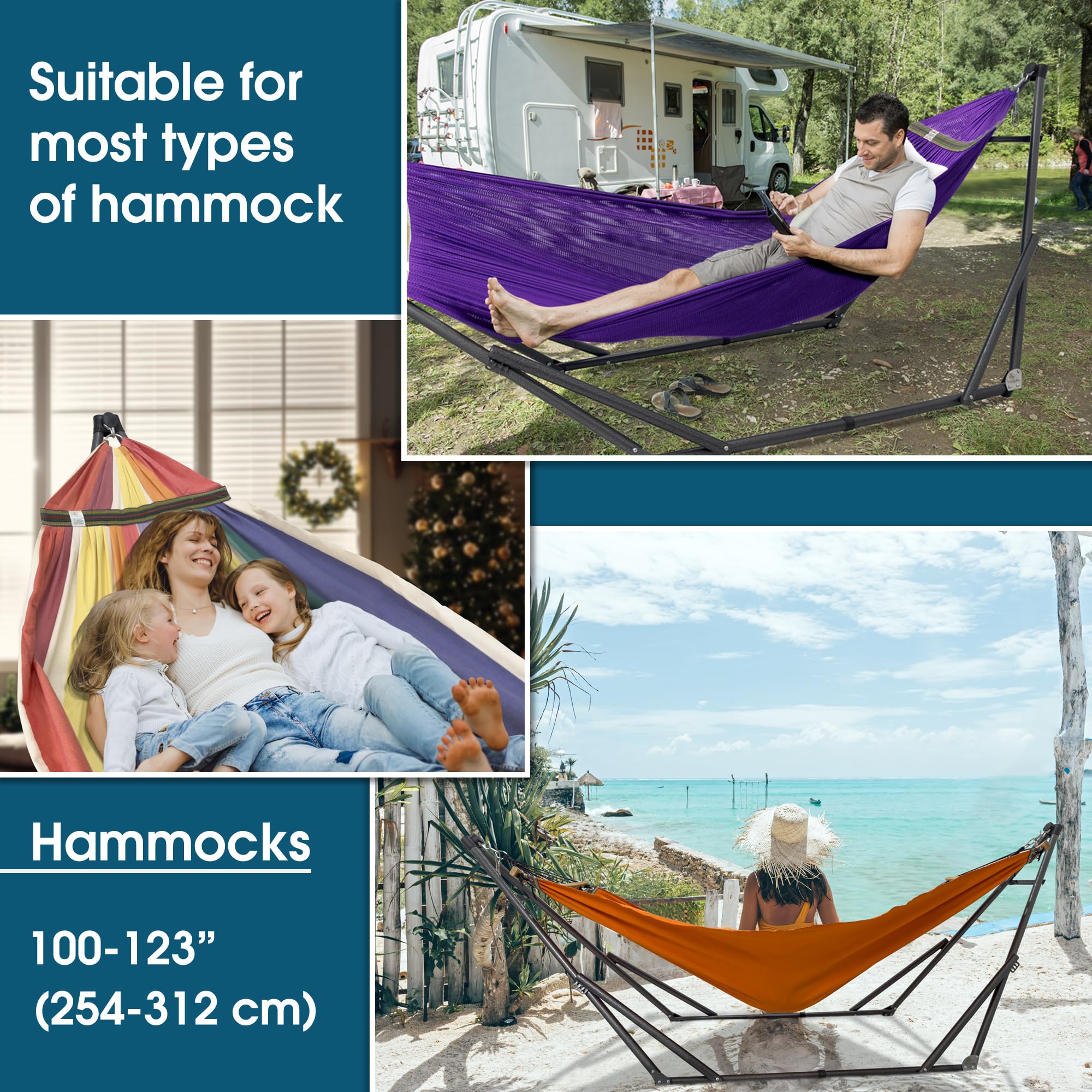 Tranquillo Unity Adjustable Hammock Stand, Hammocks Stands for The Garden, 800 lbs Capacity Steel Double Hammock Stand for 2 Persons, Premium Pre-Assembled Stand (Steel, Aegean)