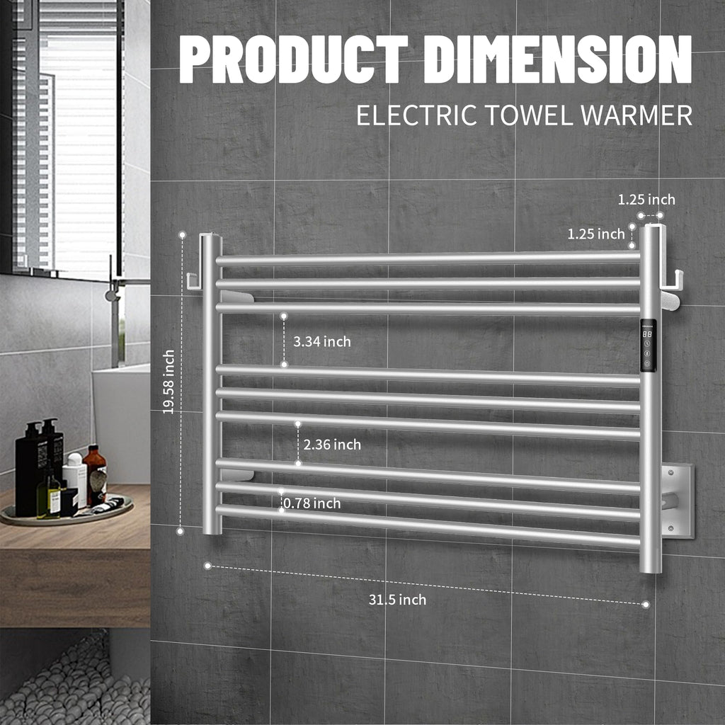 K&KALONZO Wall-Mounted 9-Bar Heated Towel Rack, Fast Heat in 2 Min, NTC Safety | 4 Timers & 3 Heat Levels Control, Plug-In/Hardwired, Top Hooks, Memory Function, Anti-Scald, Stainless Steel, EL13ML