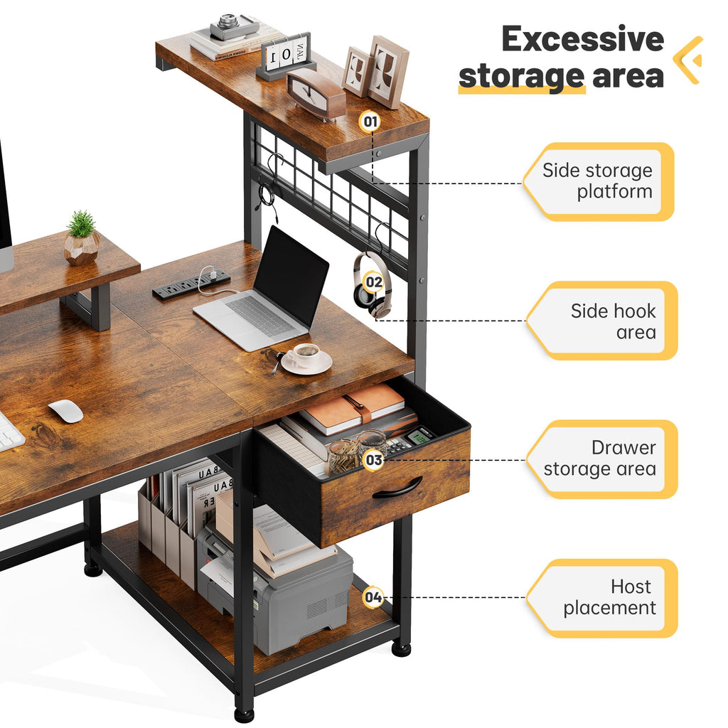 EnHomee 40" Gaming Desk with Power Outlets & LED Lights, Computer Desk with Drawer & Storage Shelve, Home Office Desk with Monitor Stand for Living Room, Study Room, Gaming Room, Black