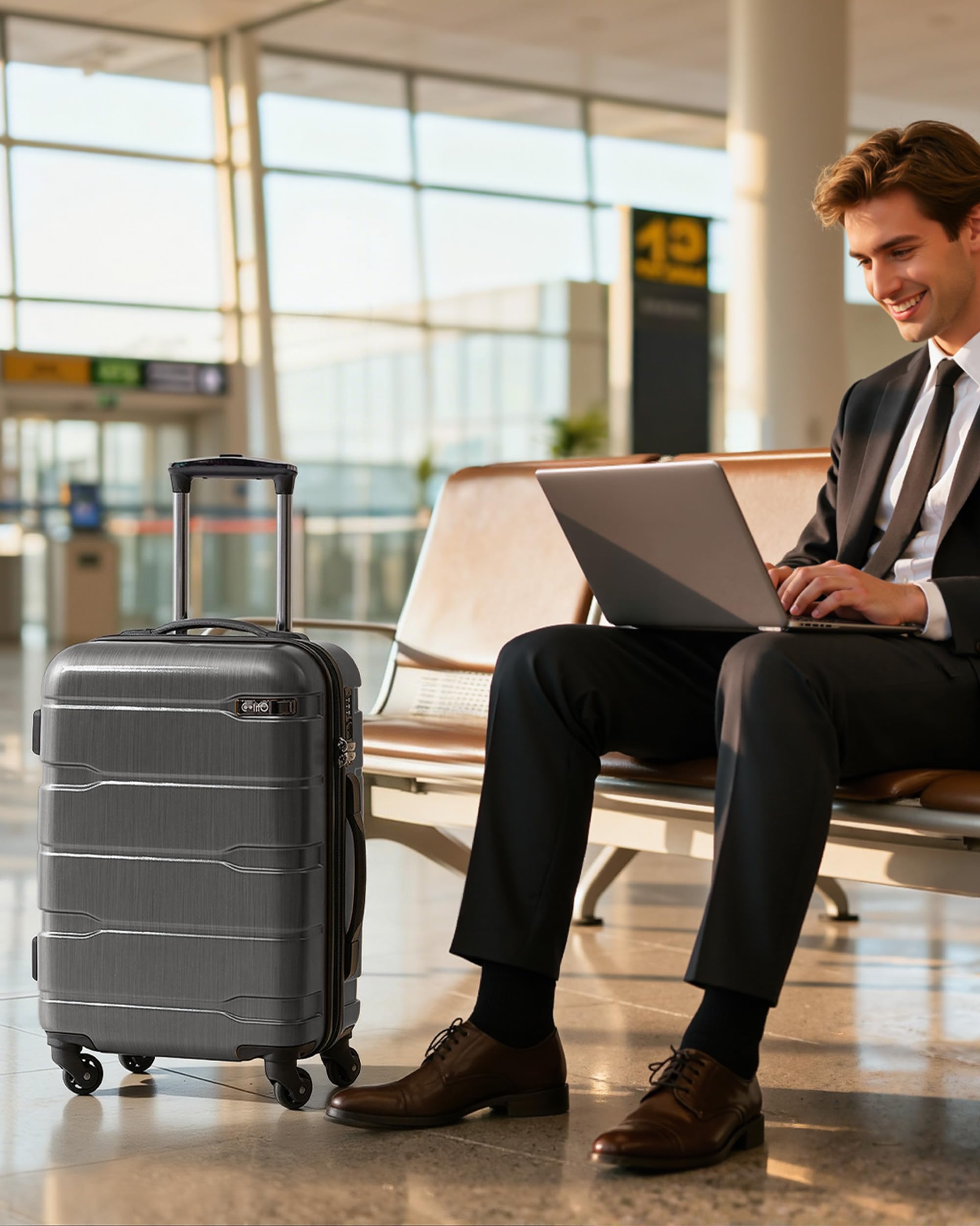 Coolife Carry On Luggage 22x14x9 Airline Approved Hardside PC+ABS Suitcase with TSA Lock, Lightweight Rolling Travel Luggage with Spinner Wheels(Black Brown, 20in)