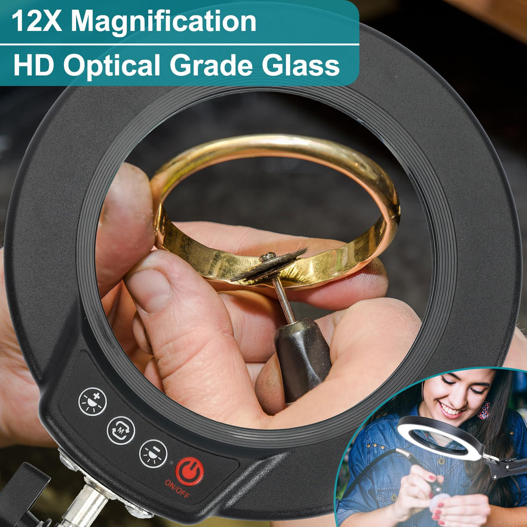 12X Magnifying Glass with Light and Stand, Real Glass, 5 Color Modes, Brightness Stepless Dimmable Lighted Magnifier Hands Free, 2-in-1 Desk Lamp & Clamp Light, Magnifier Lamp for Close Work, Reading