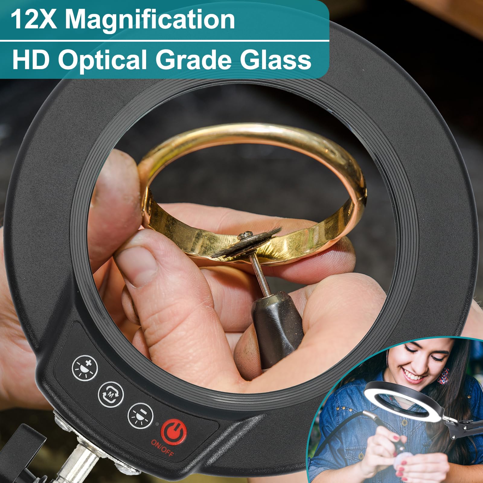 12X Magnifying Glass with Light and Stand, Real Glass, 5 Color Modes, Brightness Stepless Dimmable Lighted Magnifier Hands Free, 2-in-1 Desk Lamp & Clamp Light, Magnifier Lamp for Close Work, Reading