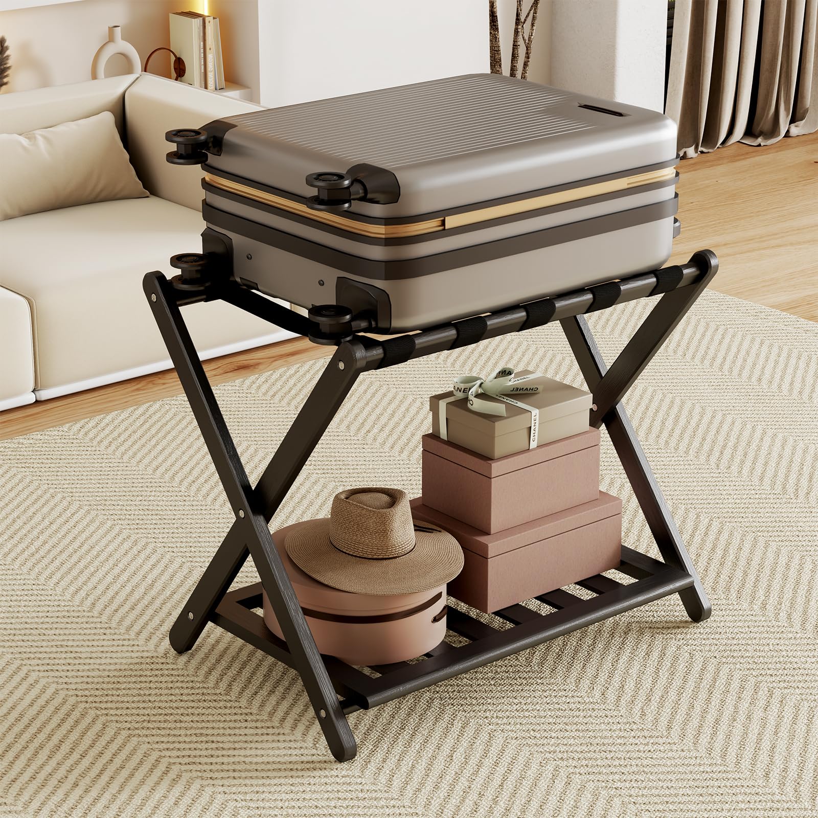 oakvivo Fully Assembled Black Luggage Rack for Guest Room, Bamboo Foldable Suitcase Stand with 5 Nylon Straps, Upgraded Luggage Rack Holder with Shelf for Bedroom Hotel, Holds up to 165 Lbs, 1pcs