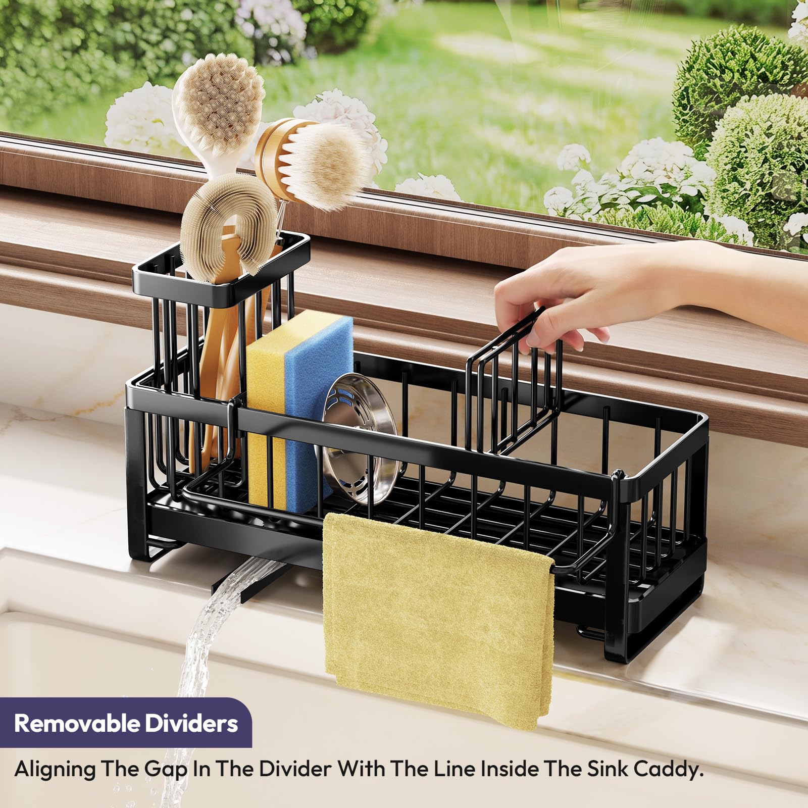 SWTYMIKI Sponge Holder for Kitchen Sink - Sink Caddy with Brush Holder Self-draining Sponge Caddy Organizer with Divider Stainless Steel Kitchen Accessories Storage for Countertop, Black